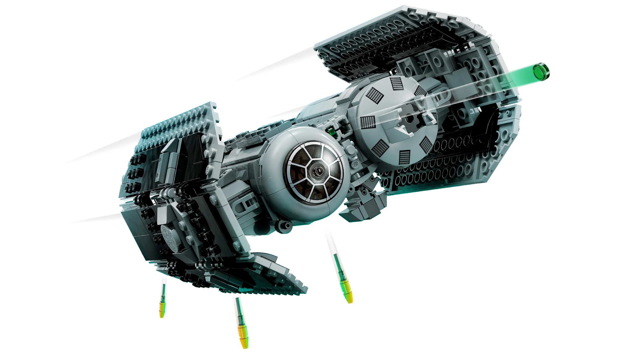 Imagine cu modelul LEGO TIE Bomber (75347) în acțiune, lansând bombe.
