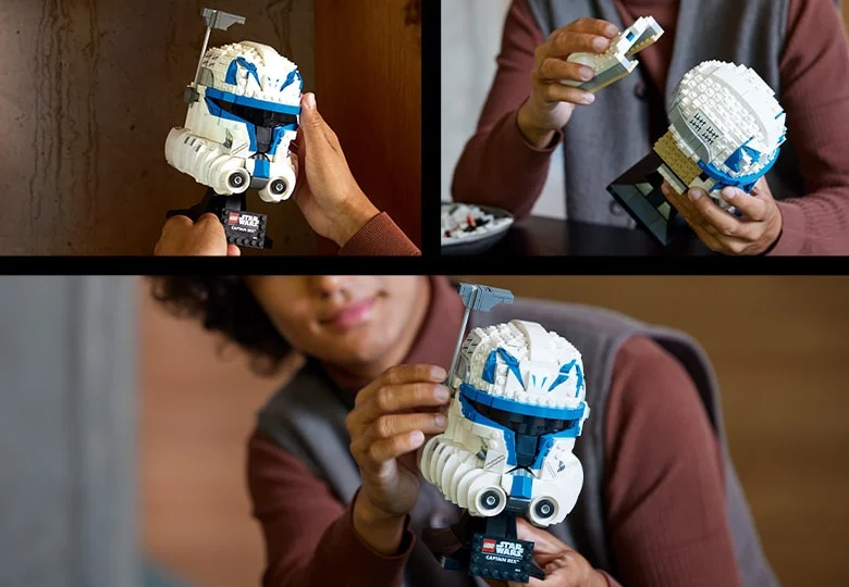 Imagine detaliată a căștii Captain Rex LEGO, arătând construcția și modelul finalizat.