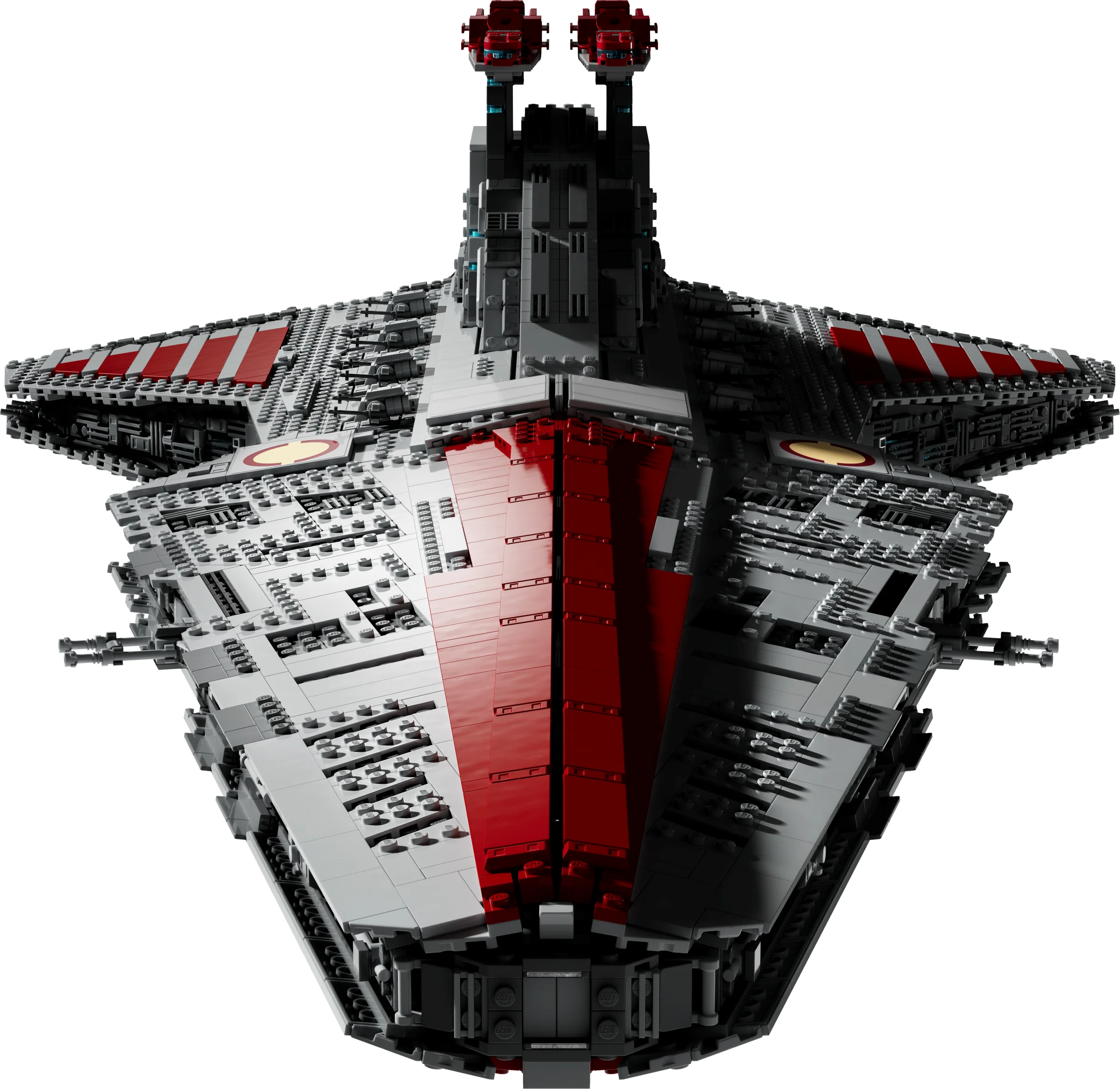 O vedere frontală detaliată a crucișătorului Venator din LEGO Star Wars.