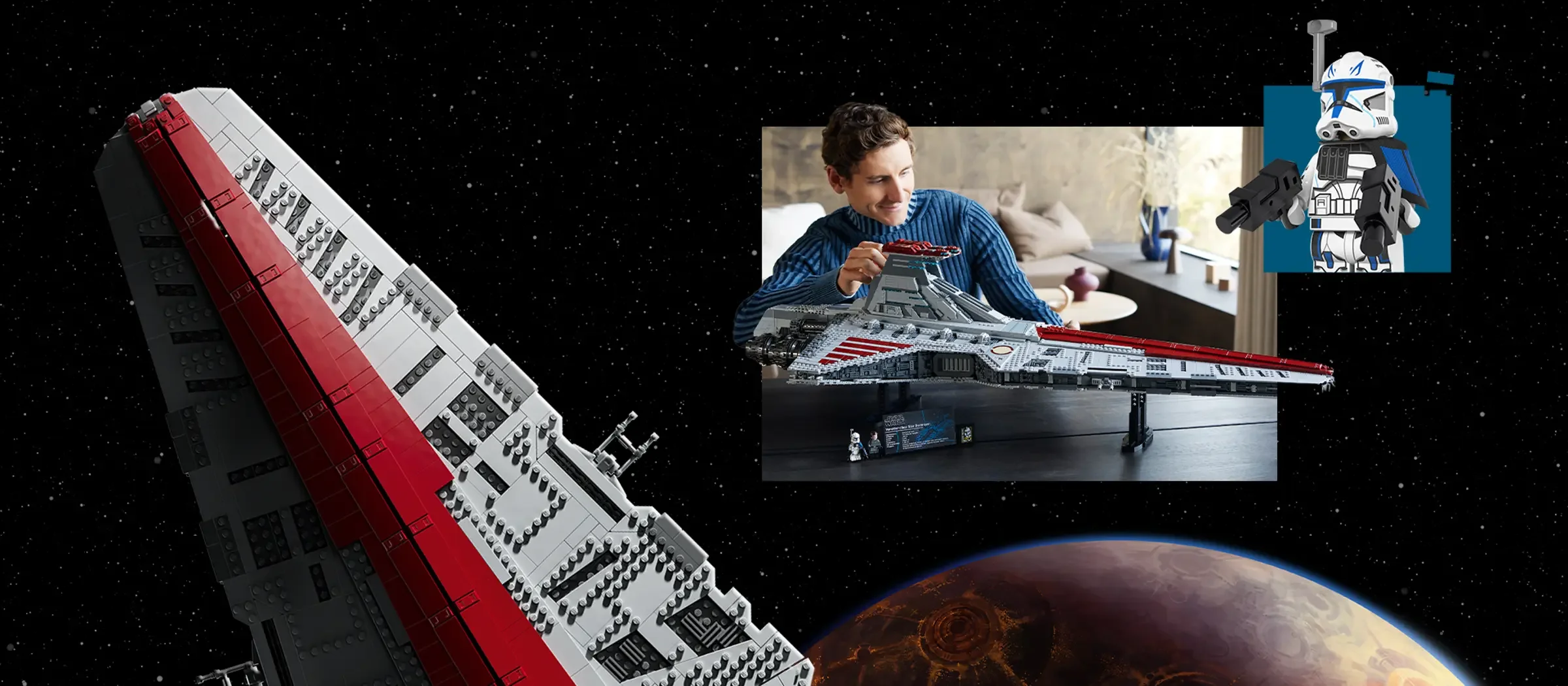Vederea completă a Crucișătorului Venator, un model LEGO Star Wars detaliat.