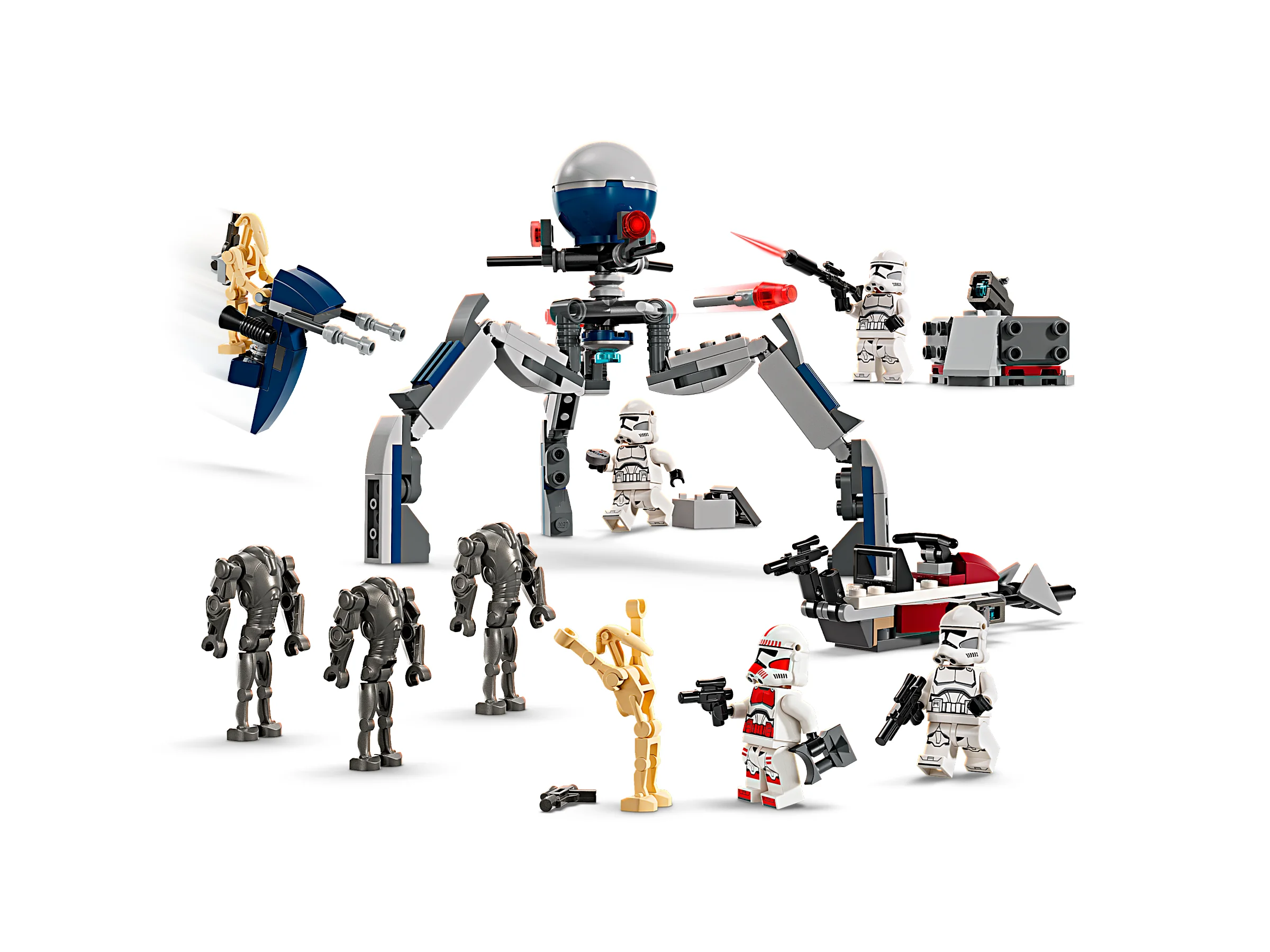 Imagine cu setul LEGO 75372, Clone Trooper și Battle Droid, cu toate minifigurinele și vehiculele incluse.