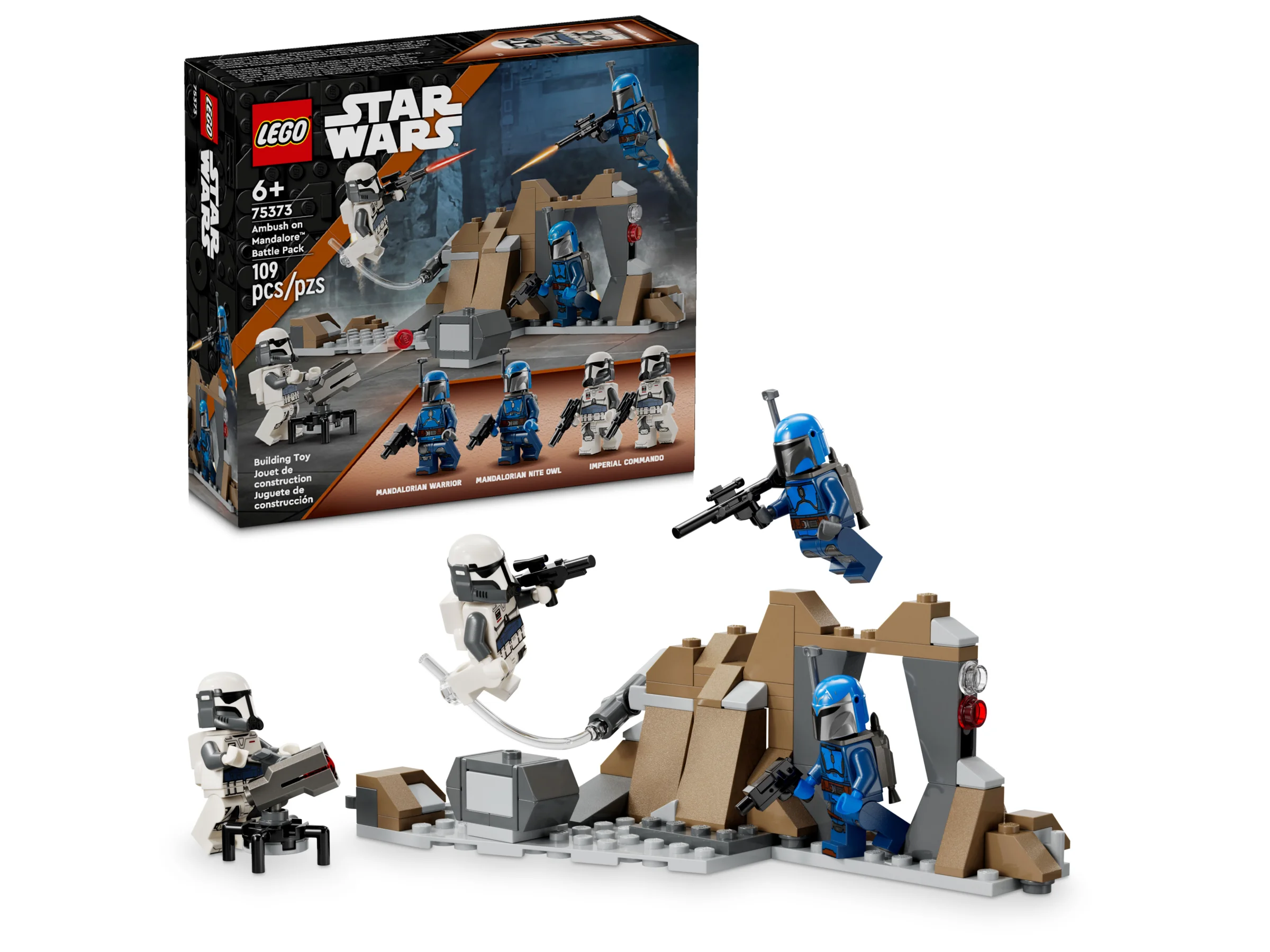 Imagine cu setul LEGO Star Wars 75373, ambuscadă pe Mandalore, cu minifigurine și teren construibil.