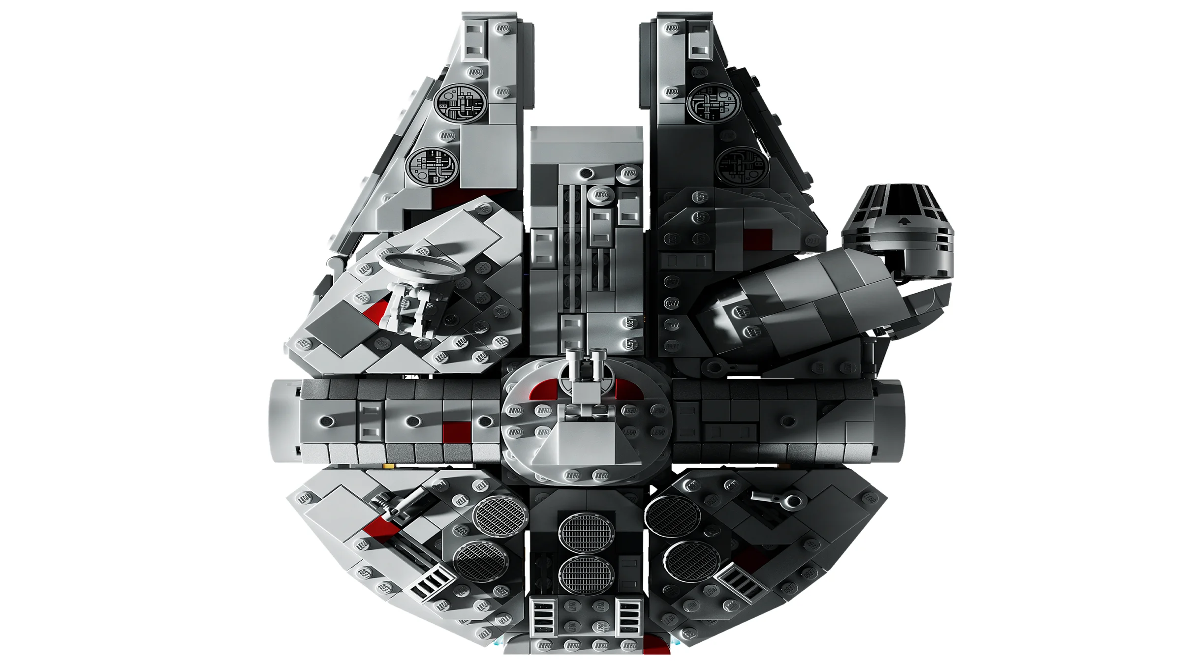 Model detaliat Millennium Falcon LEGO Star Wars. Aspect de sus, ideal pentru pasionați.