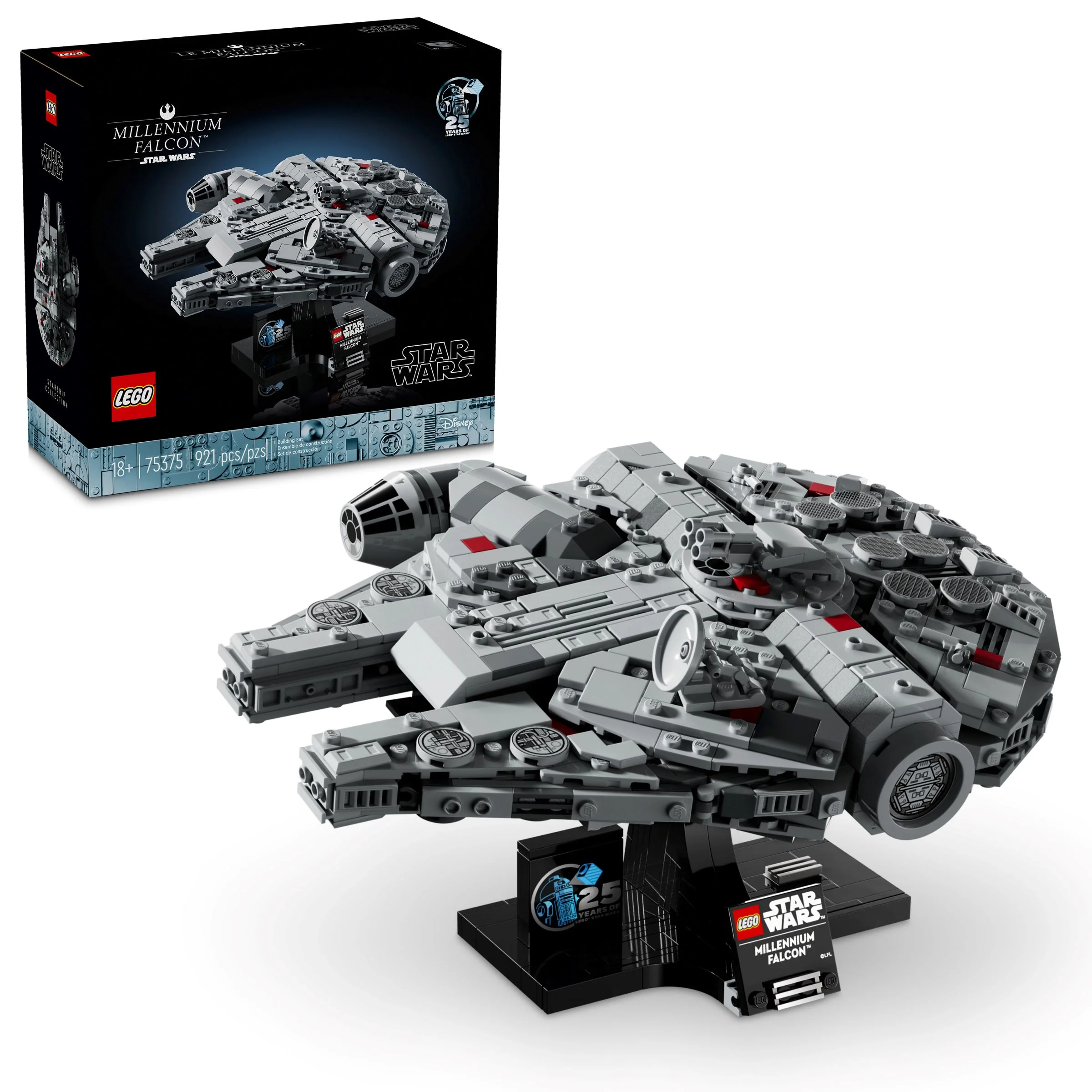 Imagine cu Millennium Falcon LEGO (75375) și cutia, ideală pentru colecționari.