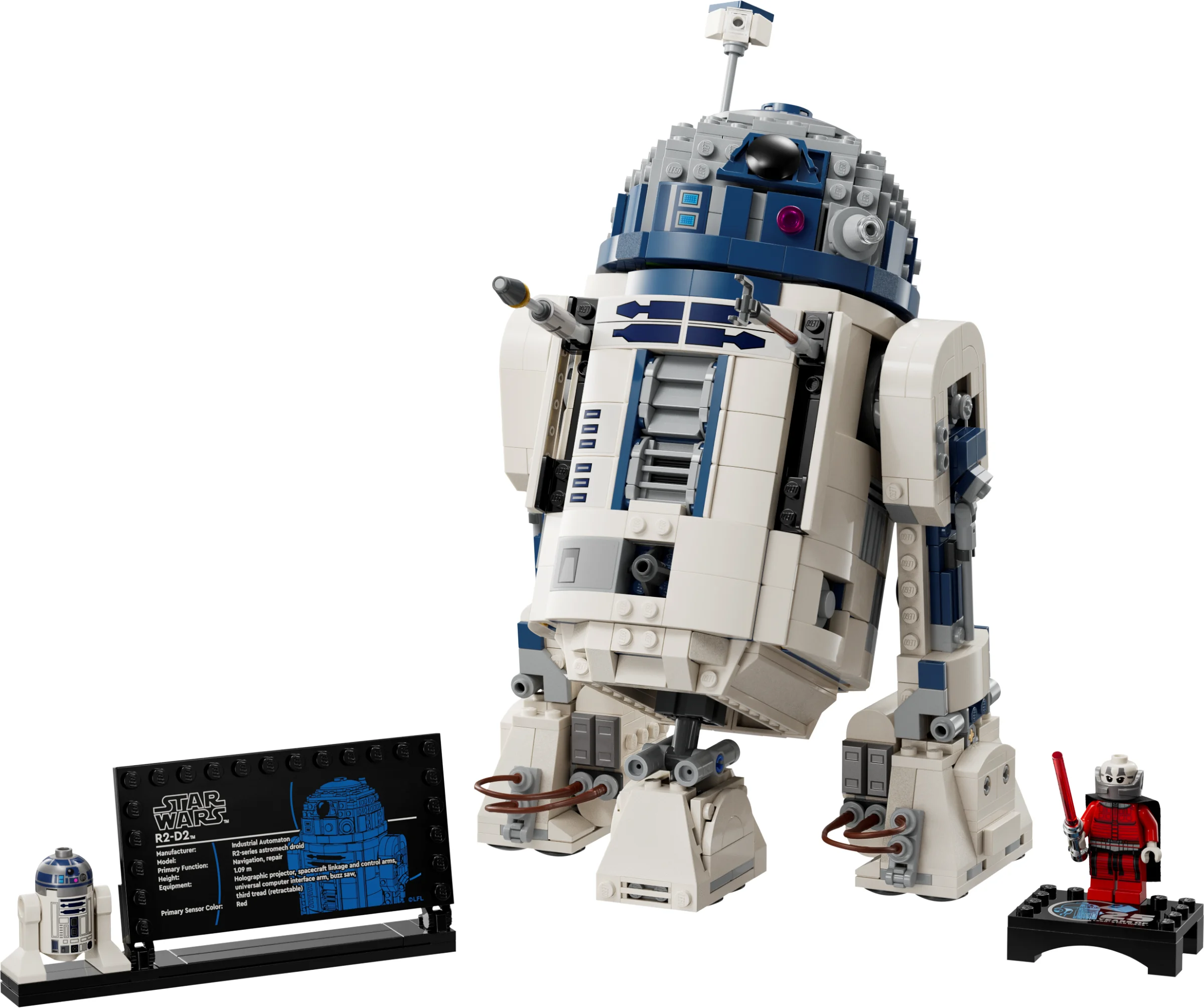 Imagine cu modelul R2-D2 LEGO, alături de minifigurine și placa informativă.