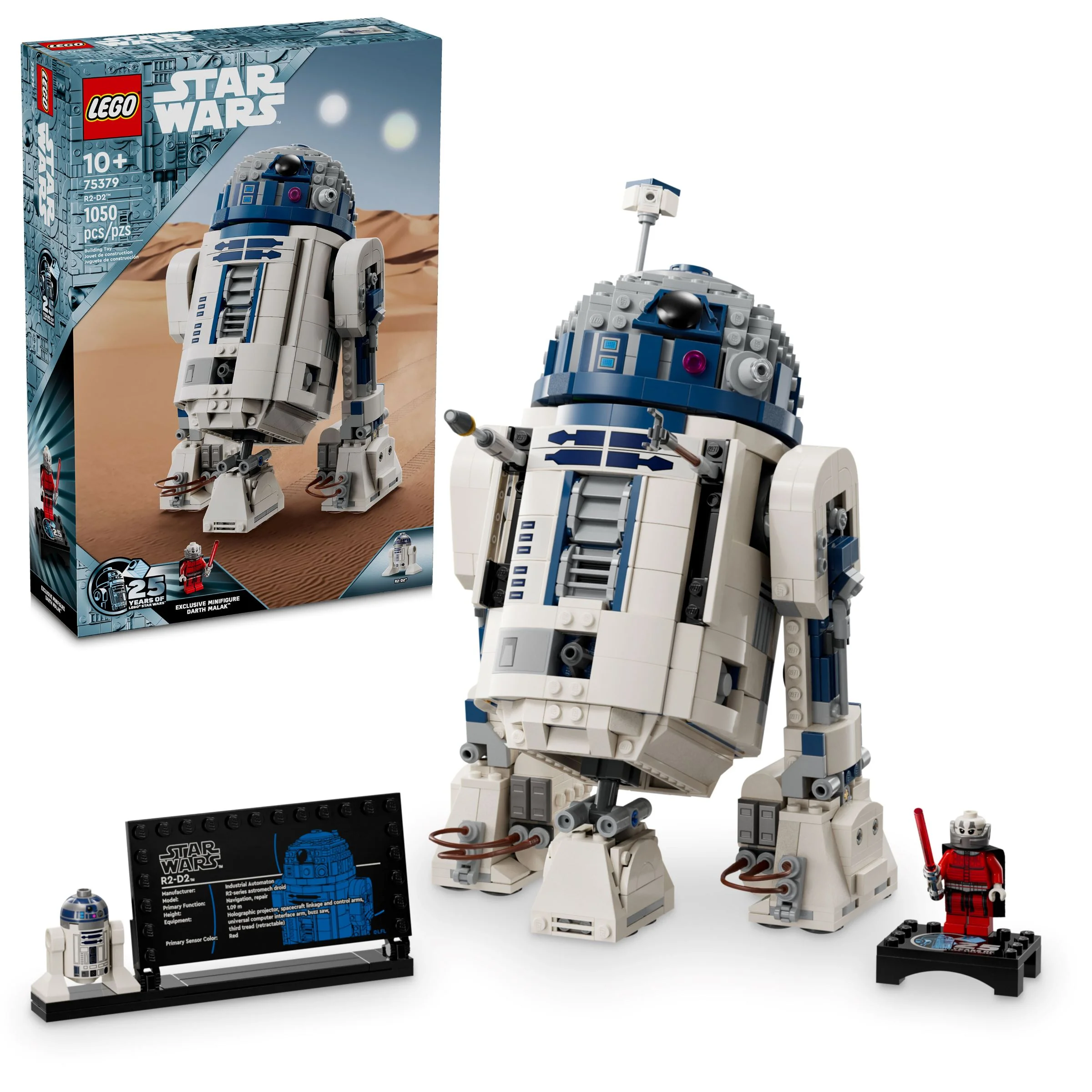 Imagine cu setul LEGO 75379 R2-D2 și minifigurina exclusivă Darth Malak, pe un fundal alb.