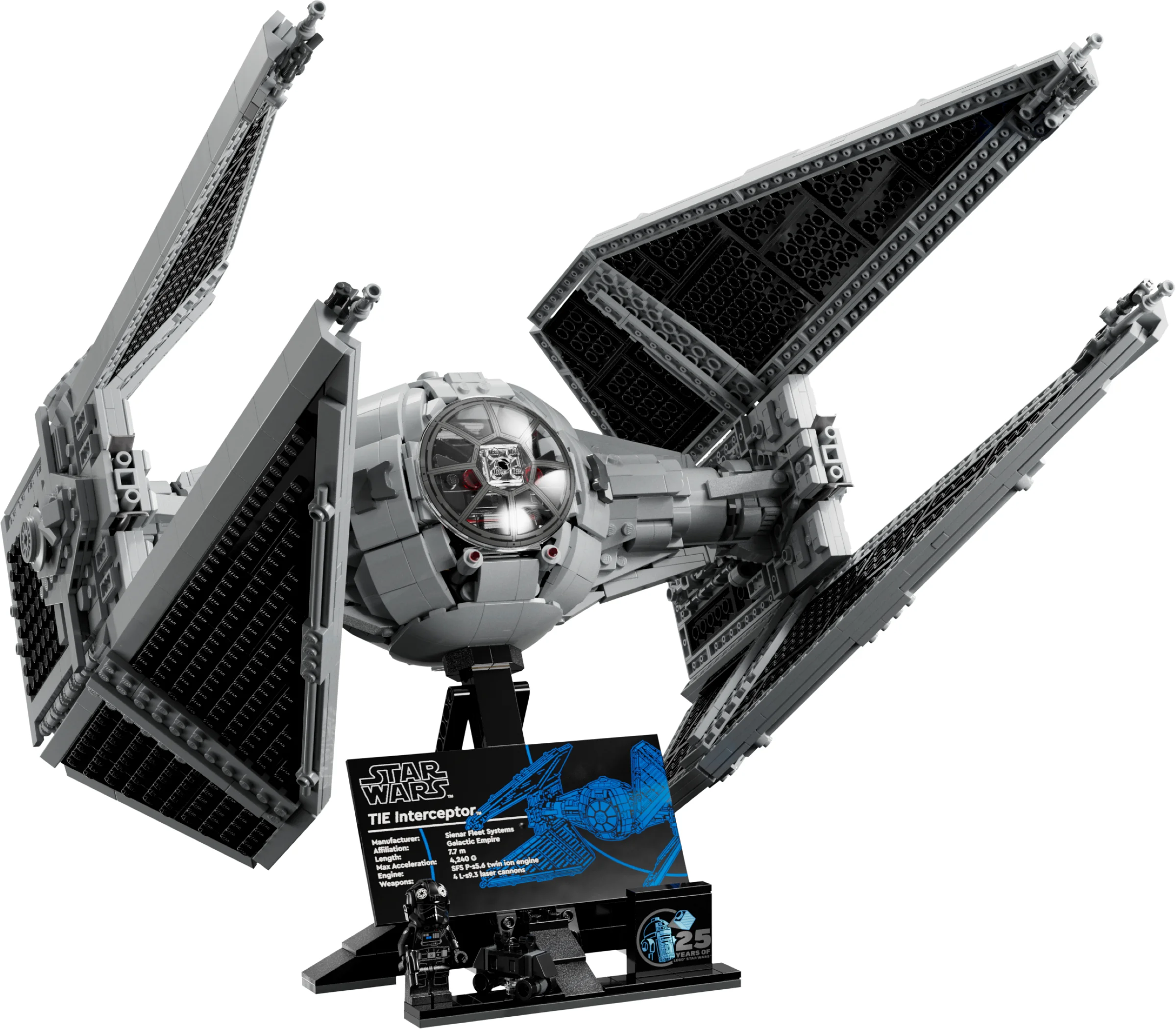 Imagine cu modelul LEGO TIE Interceptor 75382, cu minifigurina și placa informativă.