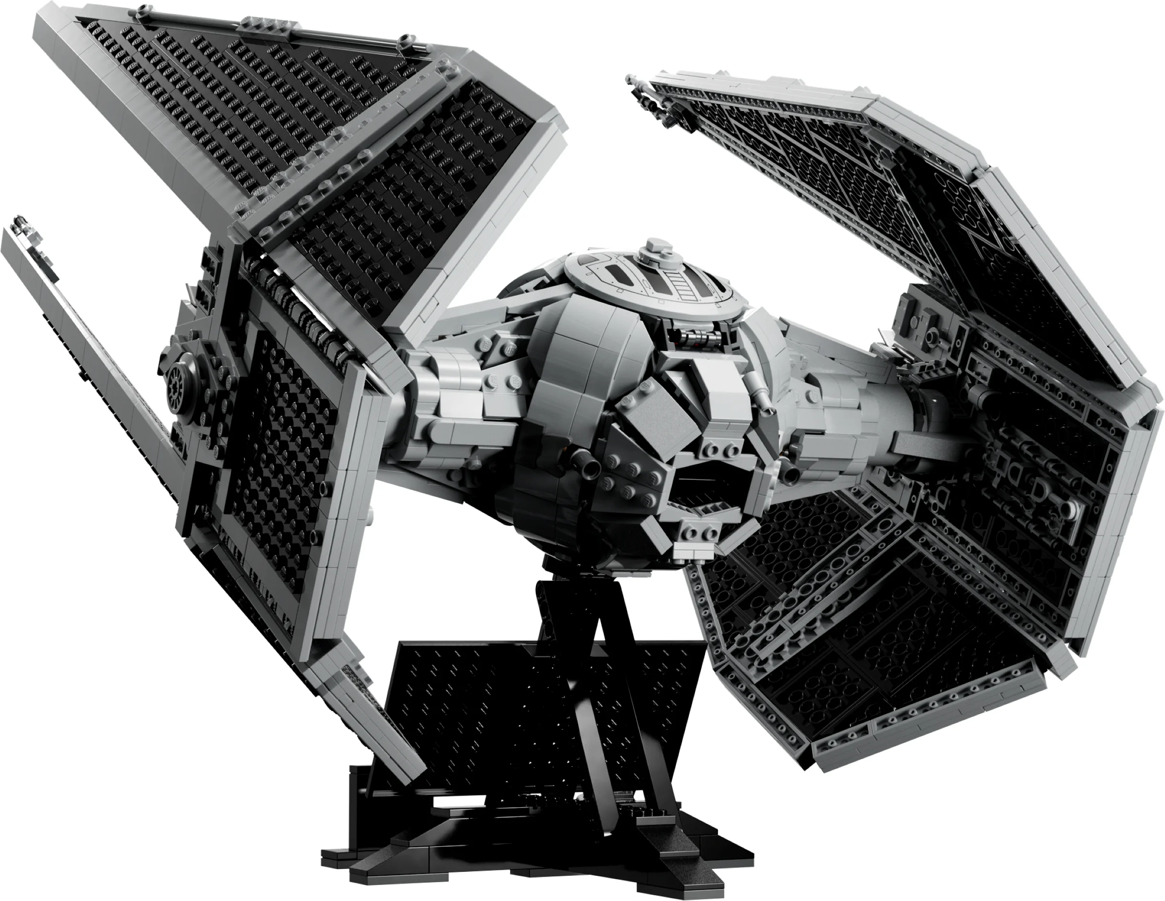 O imagine a modelului LEGO TIE Interceptor 75382, o navă spațială din Star Wars, pe un suport.