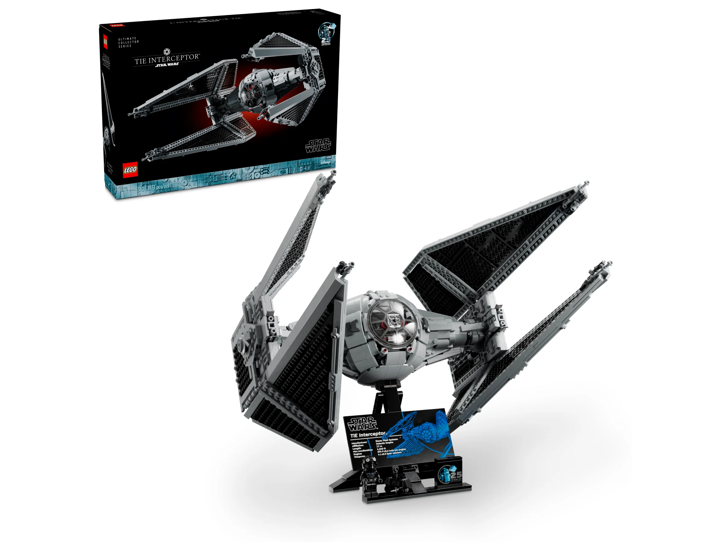 Imagine cu setul LEGO 75382 TIE Interceptor și cutia, o construcție impresionantă.