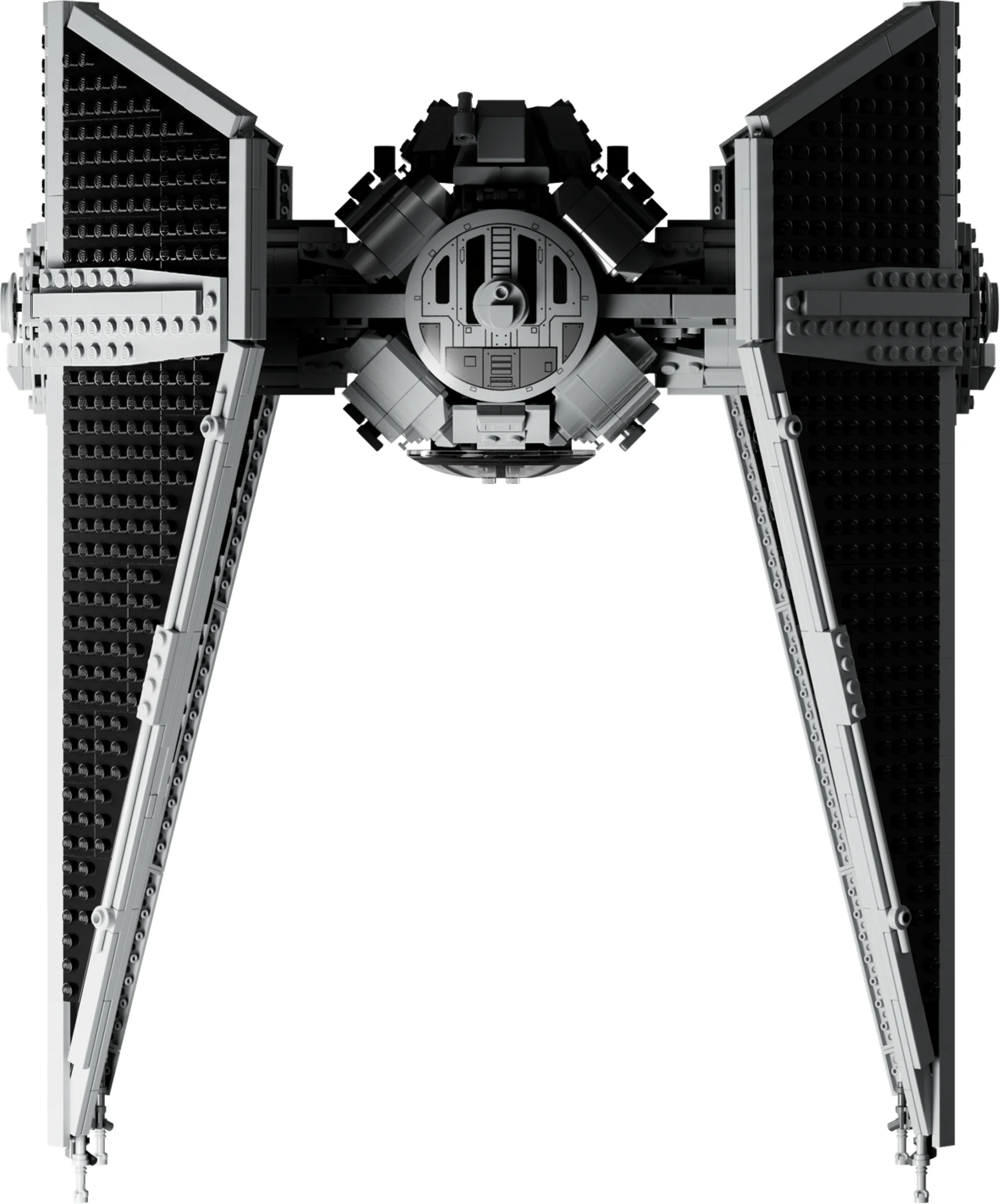 Vederea frontală a modelului LEGO TIE Interceptor (75382), prezentând detaliile construcției.
