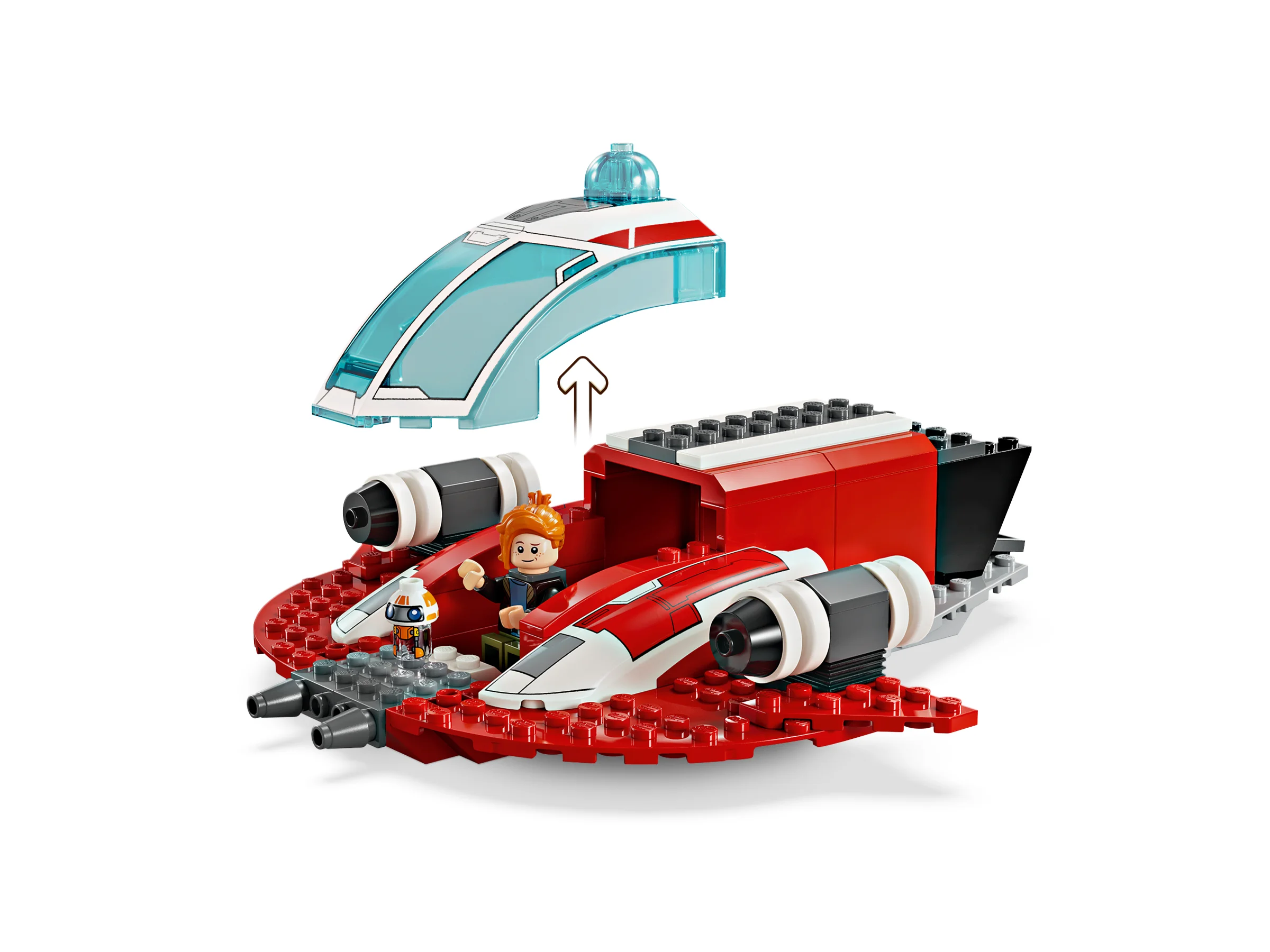 Crimson Firehawk cu carlinga deschisă, dezvăluind minifigurinele. Detaliu al construcției LEGO.