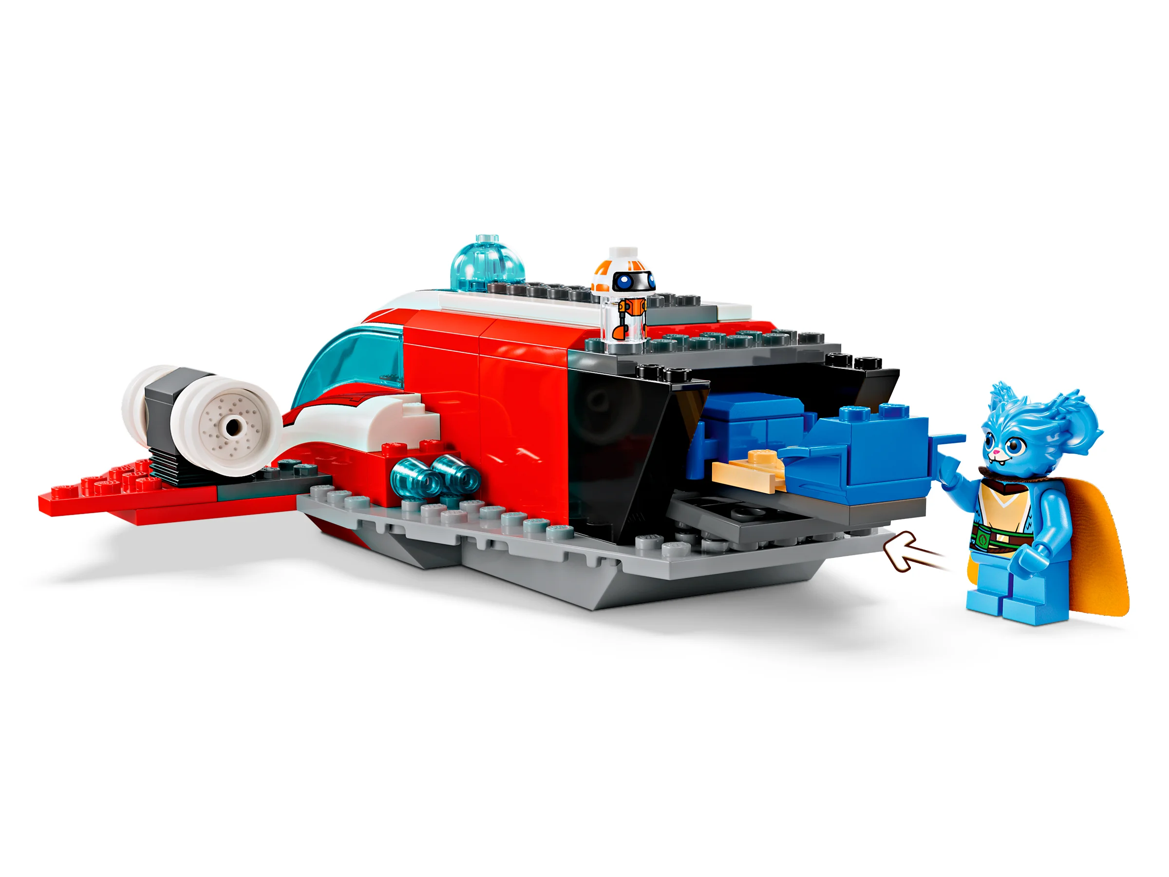Crimson Firehawk LEGO Star Wars, cu minifigurine și compartimente deschise.