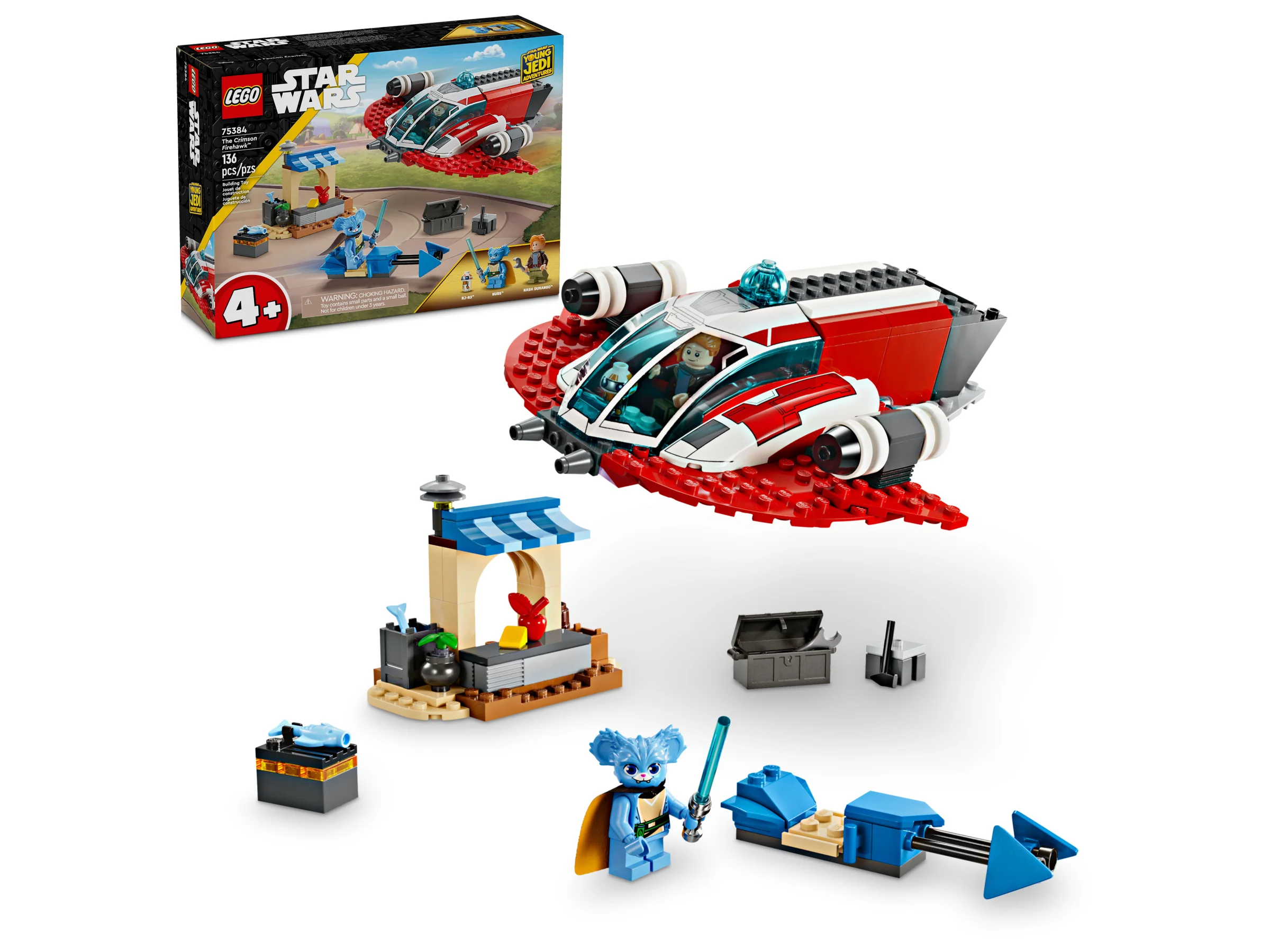 Imagine cu setul LEGO Star Wars 75384, Crimson Firehawk, cu navă, tarabă și minifigurine. Excelent pentru copii.