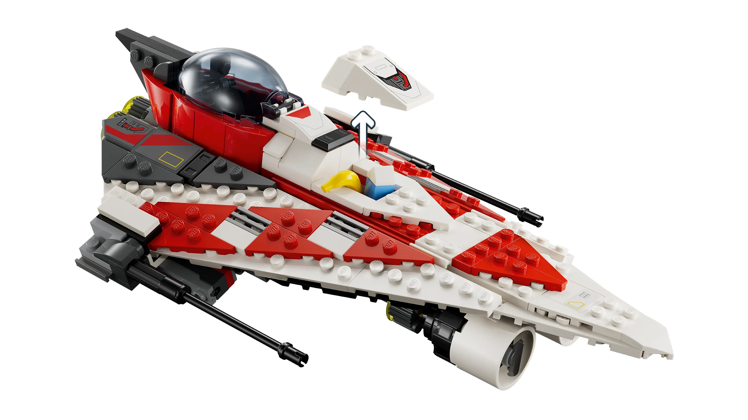 Imagine cu naveta stelară Jedi Bob, roșu și alb, cu detalii LEGO. Aspect detaliat.