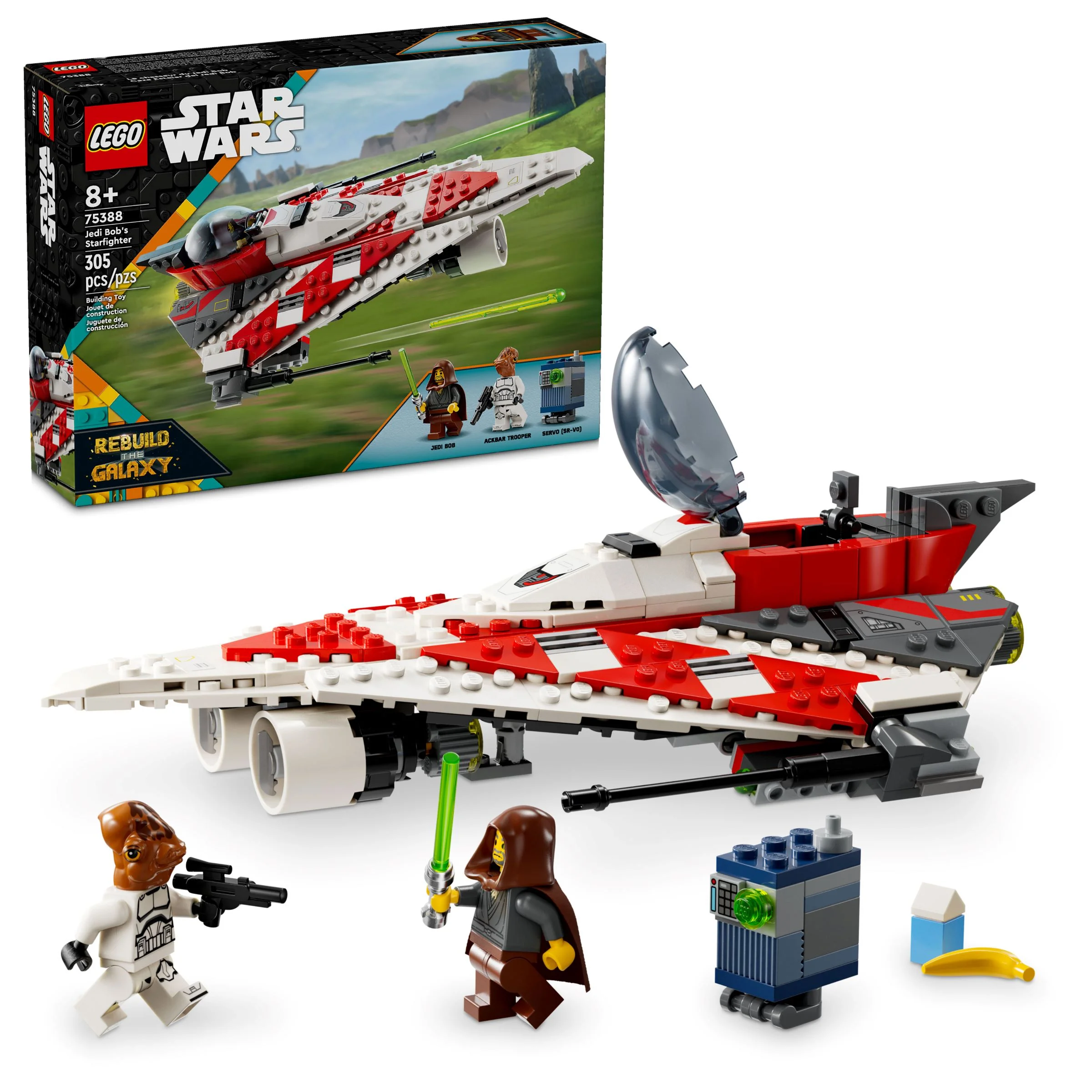 Imagine cu setul LEGO 75388, Chiarul lui Jedi Bob, cu minifigurine și cutie. O prezentare detaliată a produsului.