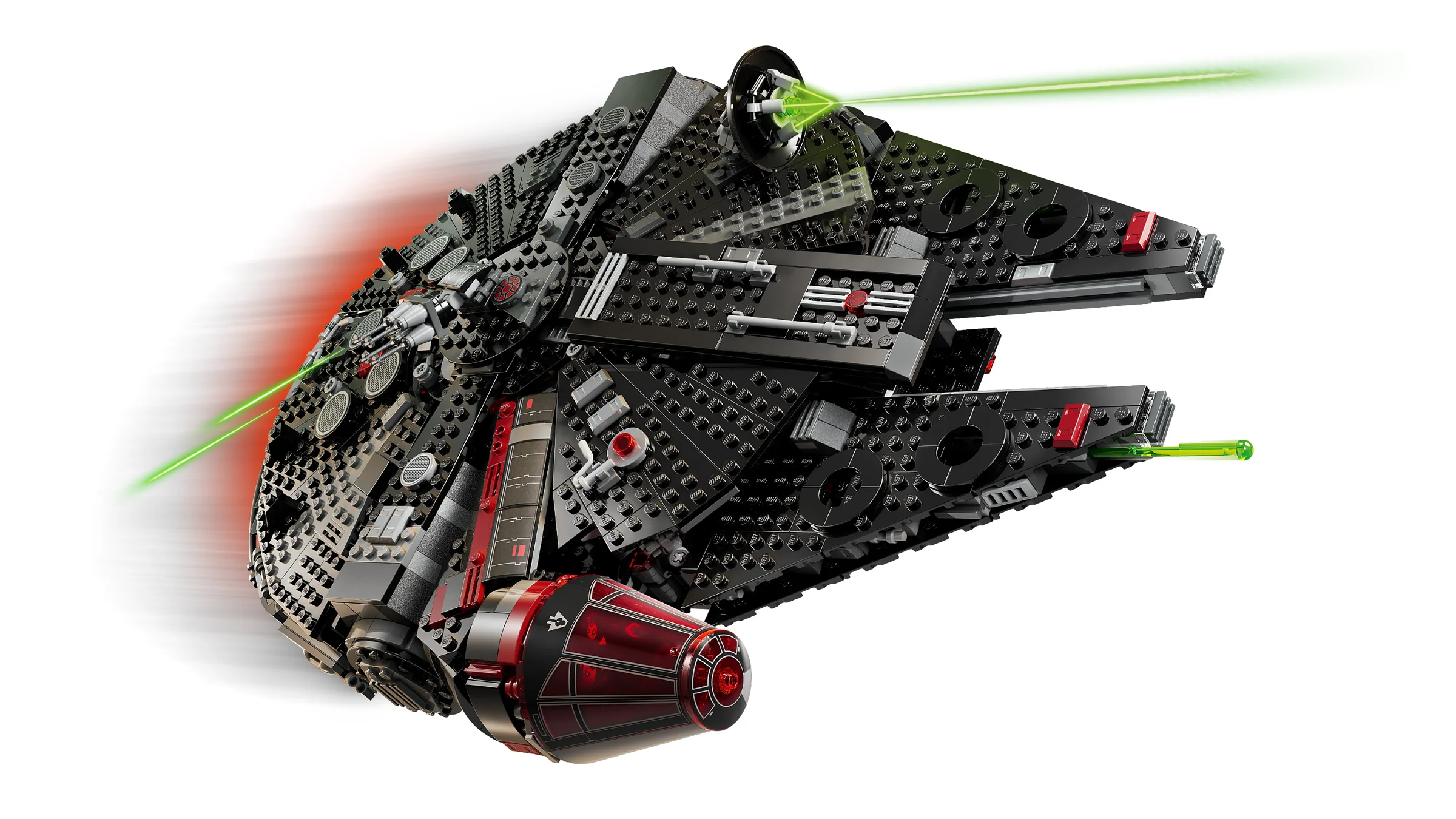 Modelul LEGO Dark Falcon în acțiune, cu lasere verzi. Aspect detaliat și atractiv.