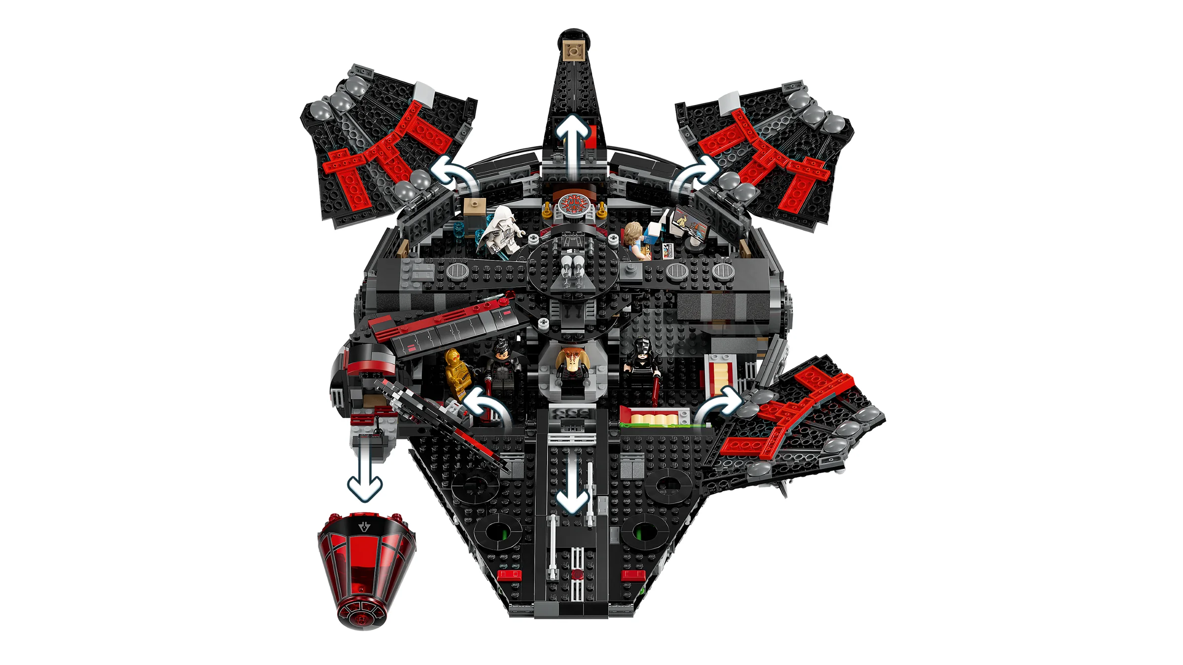 Vederea detaliată a modelului Dark Falcon, cu acces la interior și minifigurine vizibile.