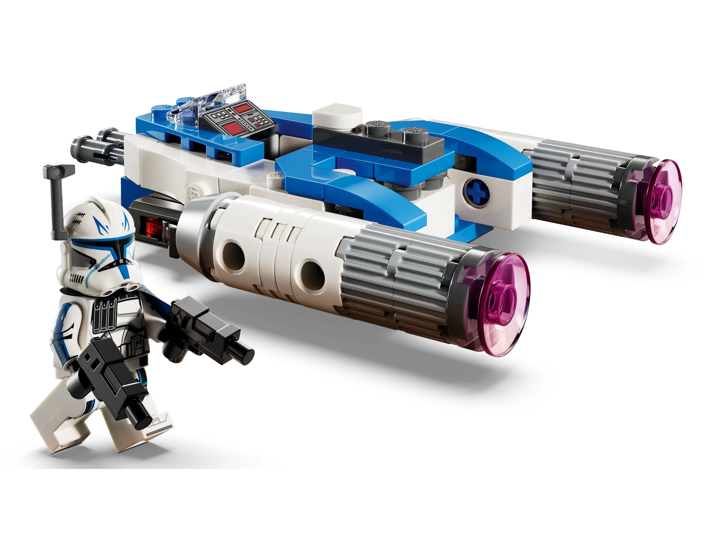 Captain Rex și mini Y-wing. O scenă cu minifigurina și nava spațială alb-albastră.