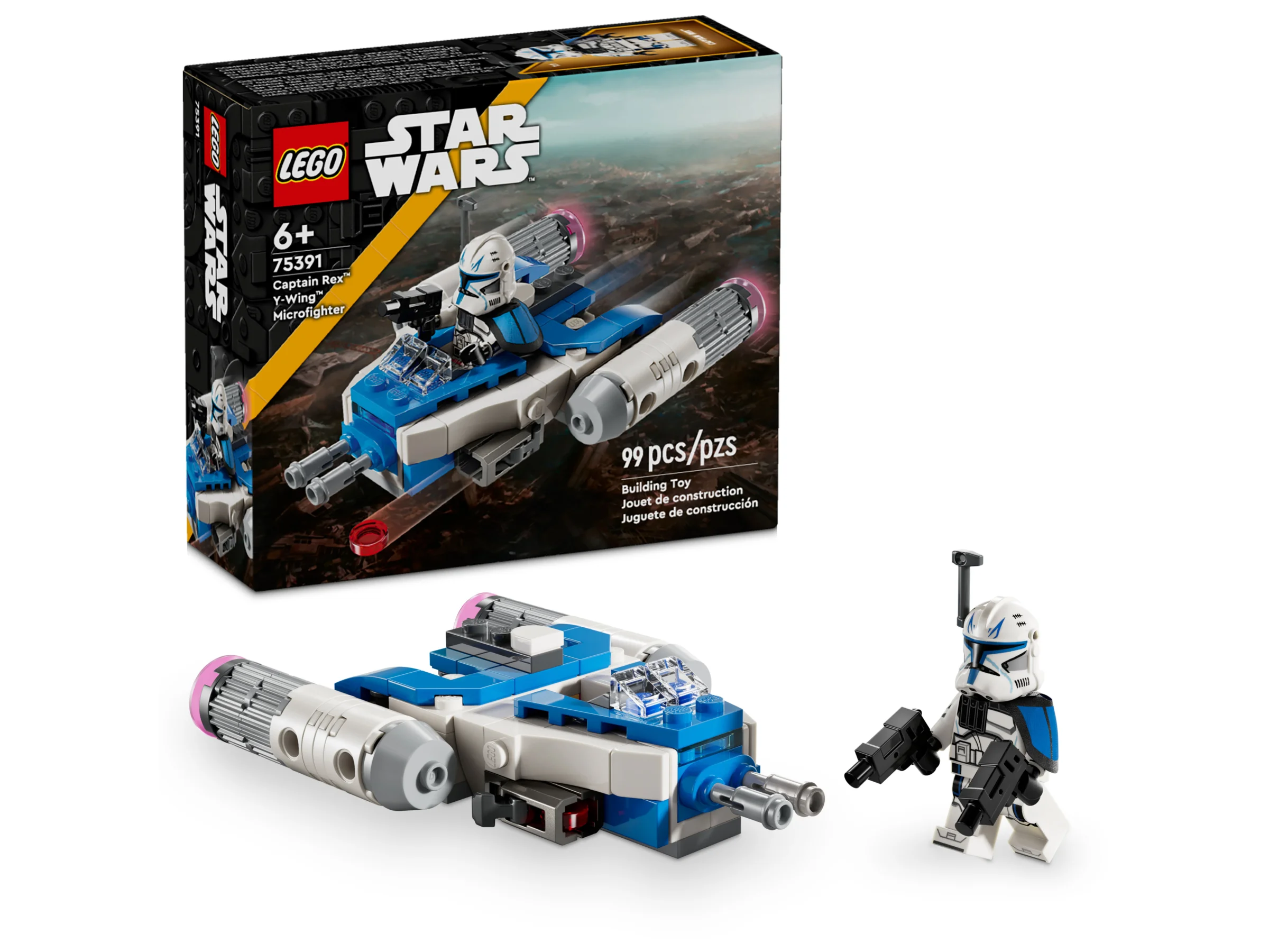 Imagine prezintă setul LEGO 75391 Captain Rex Y-wing Microfighter, cu cutia și modelul construit.