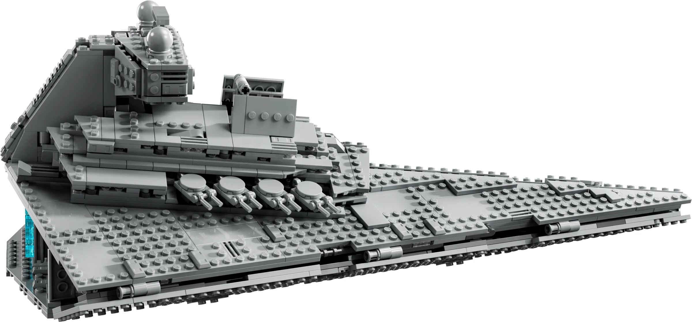 Modelul LEGO Imperial Star Destroyer, o navă emblematică Star Wars, gri și impunătoare.