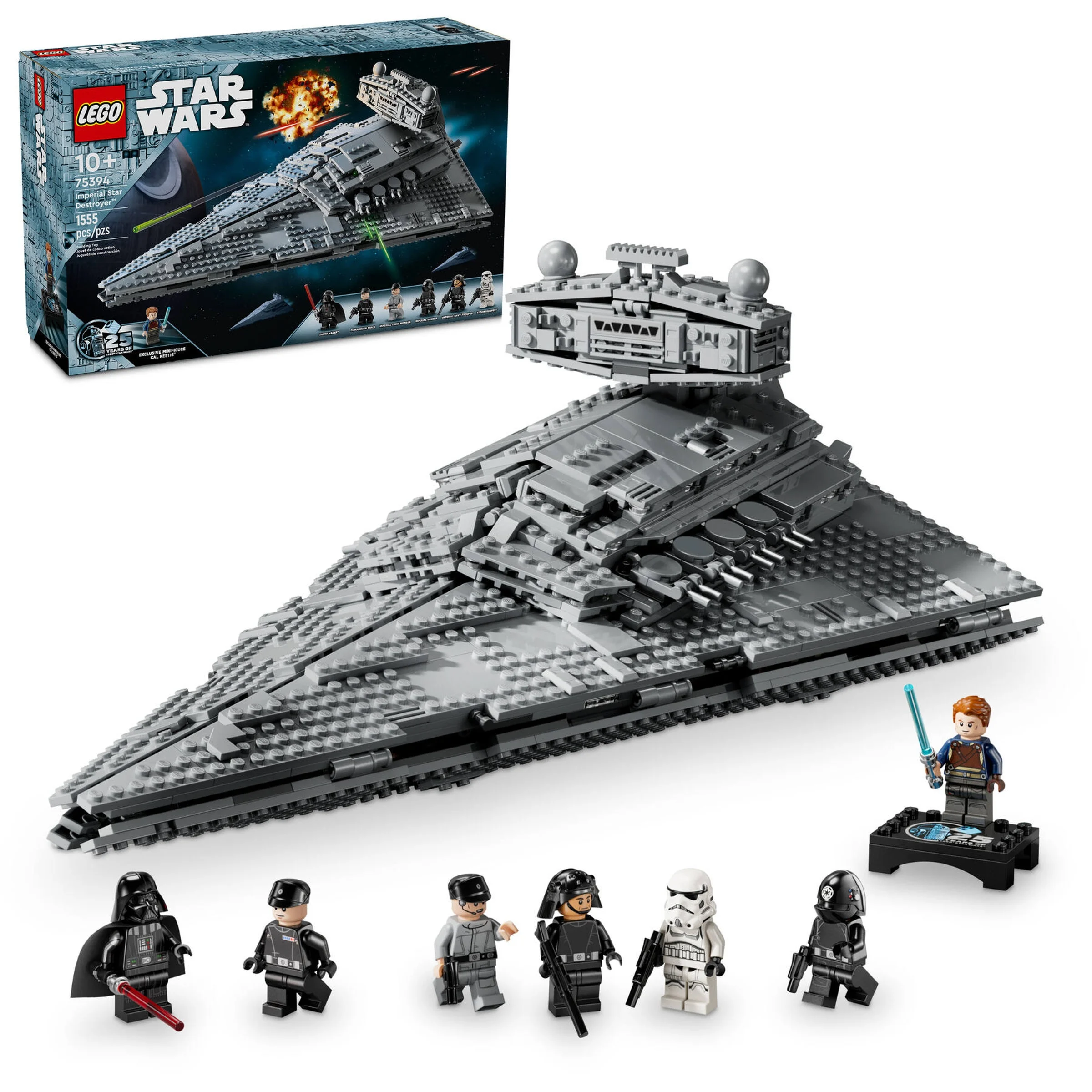 Imagine cu setul LEGO 75394 Imperial Star Destroyer, inclusiv cutia și minifigurinele.