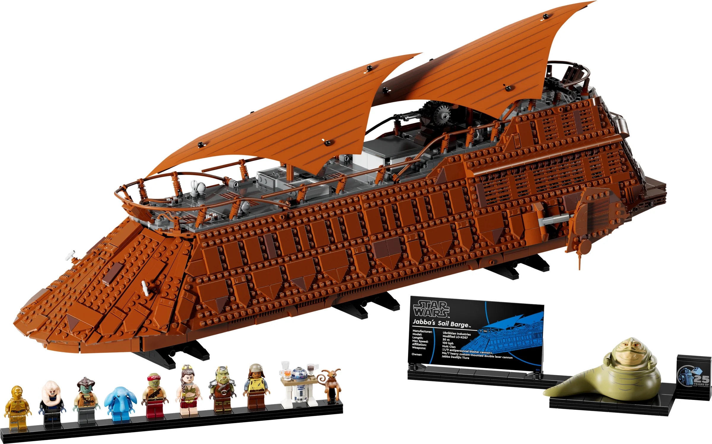 Imagine cu barja lui Jabba, setul LEGO 75397, și minifigurinele incluse. Detalii despre model.