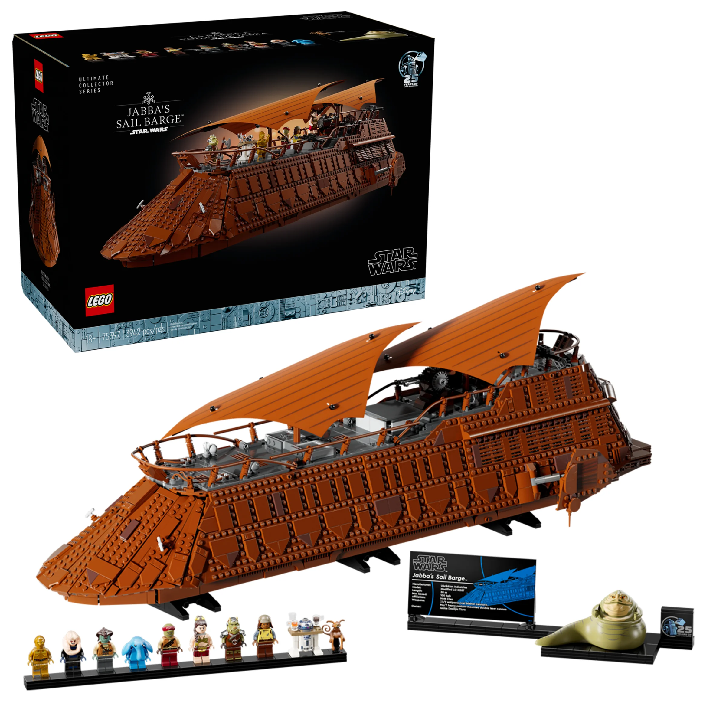 Imagine cu setul LEGO 75397 Jabba's Sail Barge, inclusiv modelul și cutia.