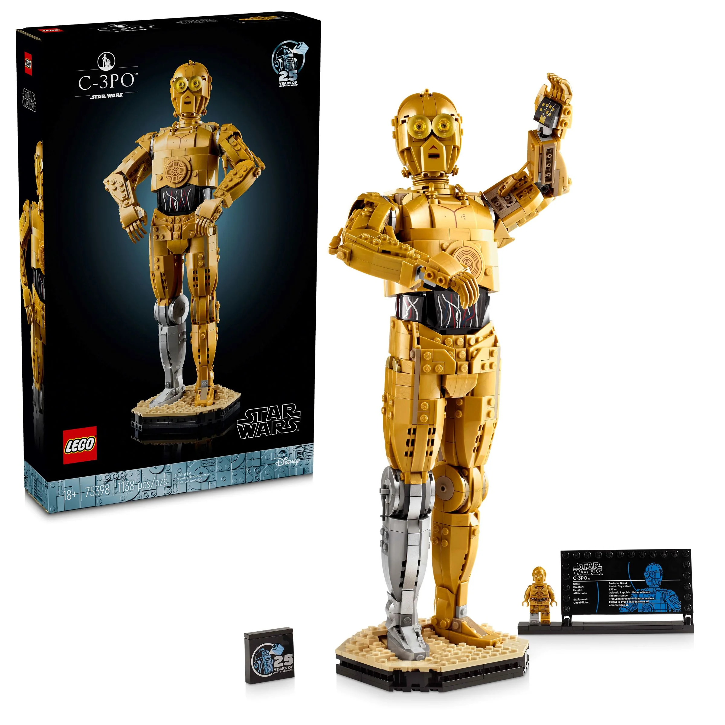 Imagine cu setul LEGO 75398 C-3PO, inclusiv cutia, figurina și placa informativă.