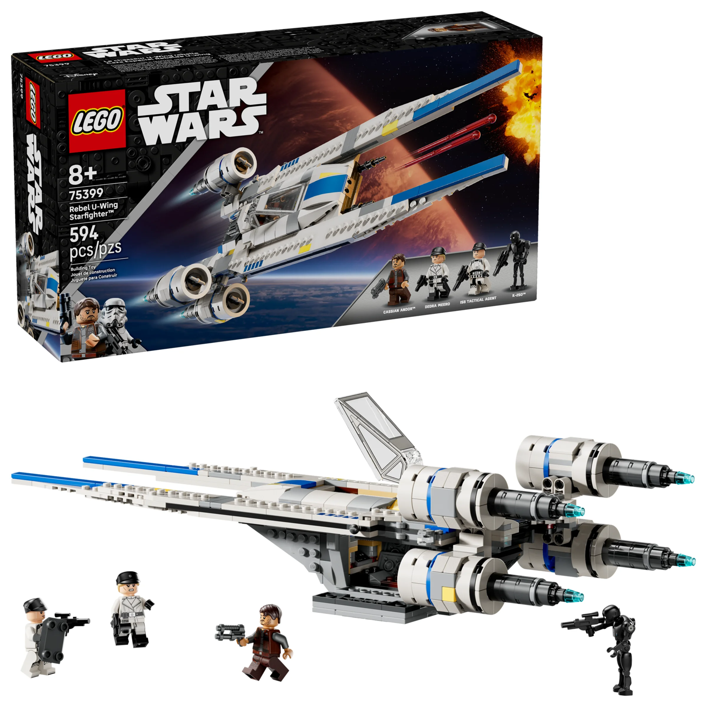 Imagine cu U-wing-ul Rebel, setul 75399, cu cutia și minifigurinele. O prezentare detaliată a modelului.