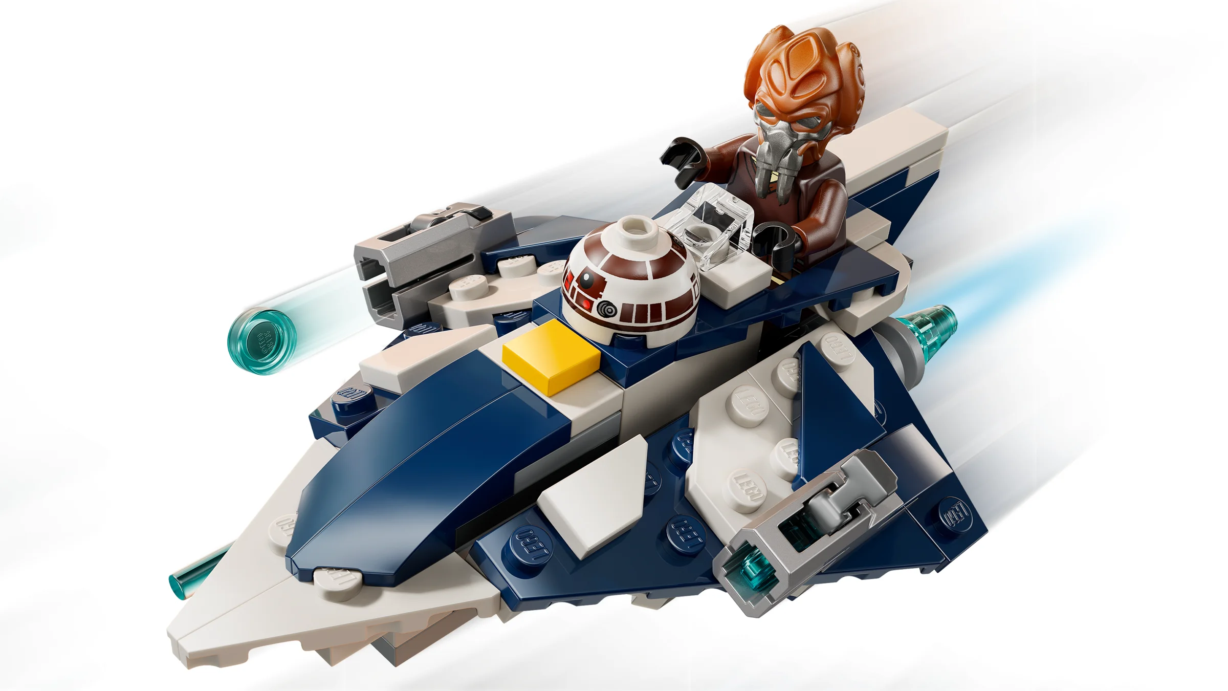 Microfighter-ul lui Plo Koon în acțiune, cu efecte de viteză și rachete lansate.