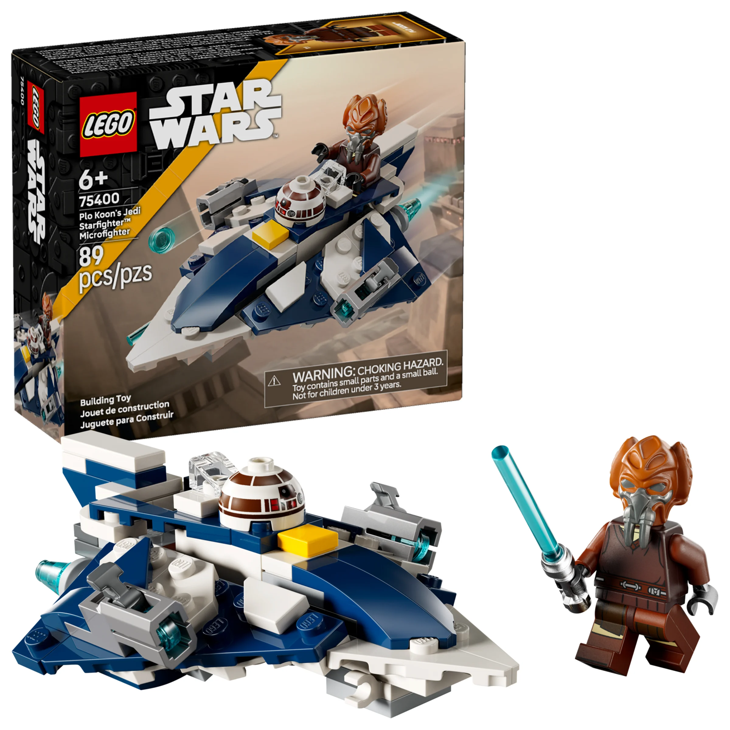 Imagine cu setul LEGO Star Wars 75400, cu minifigurina Plo Koon și starfighter-ul său.