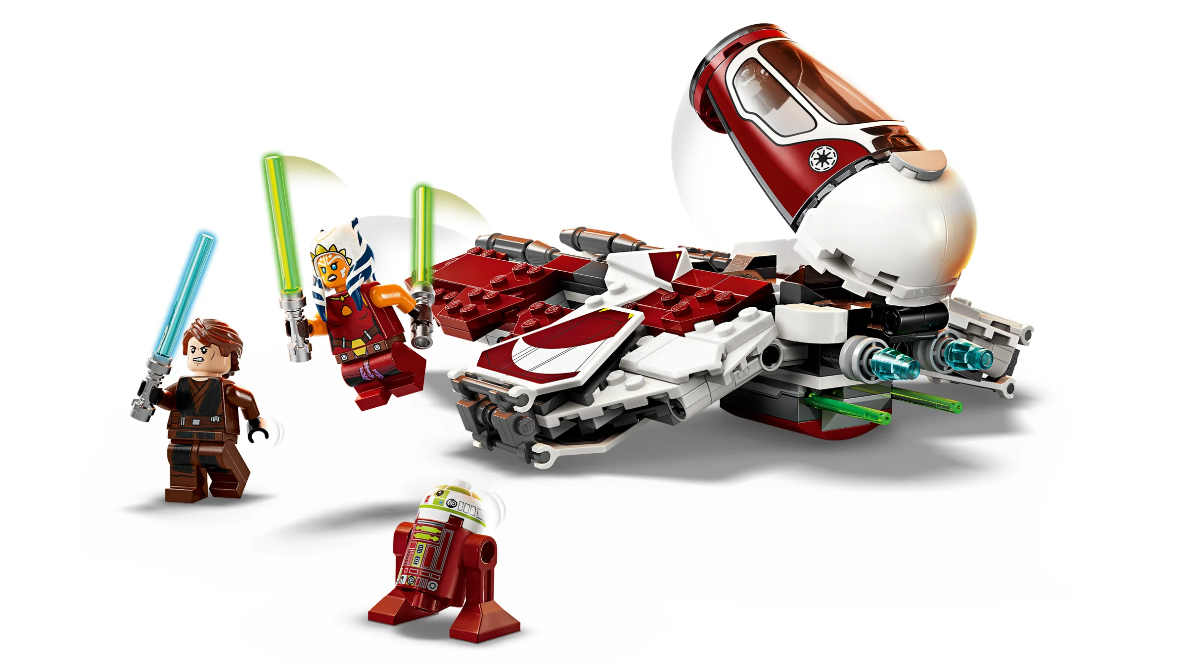 Imagine cu interceptorul Jedi al lui Ahsoka Tano, setul 75401, alături de minifigurine.