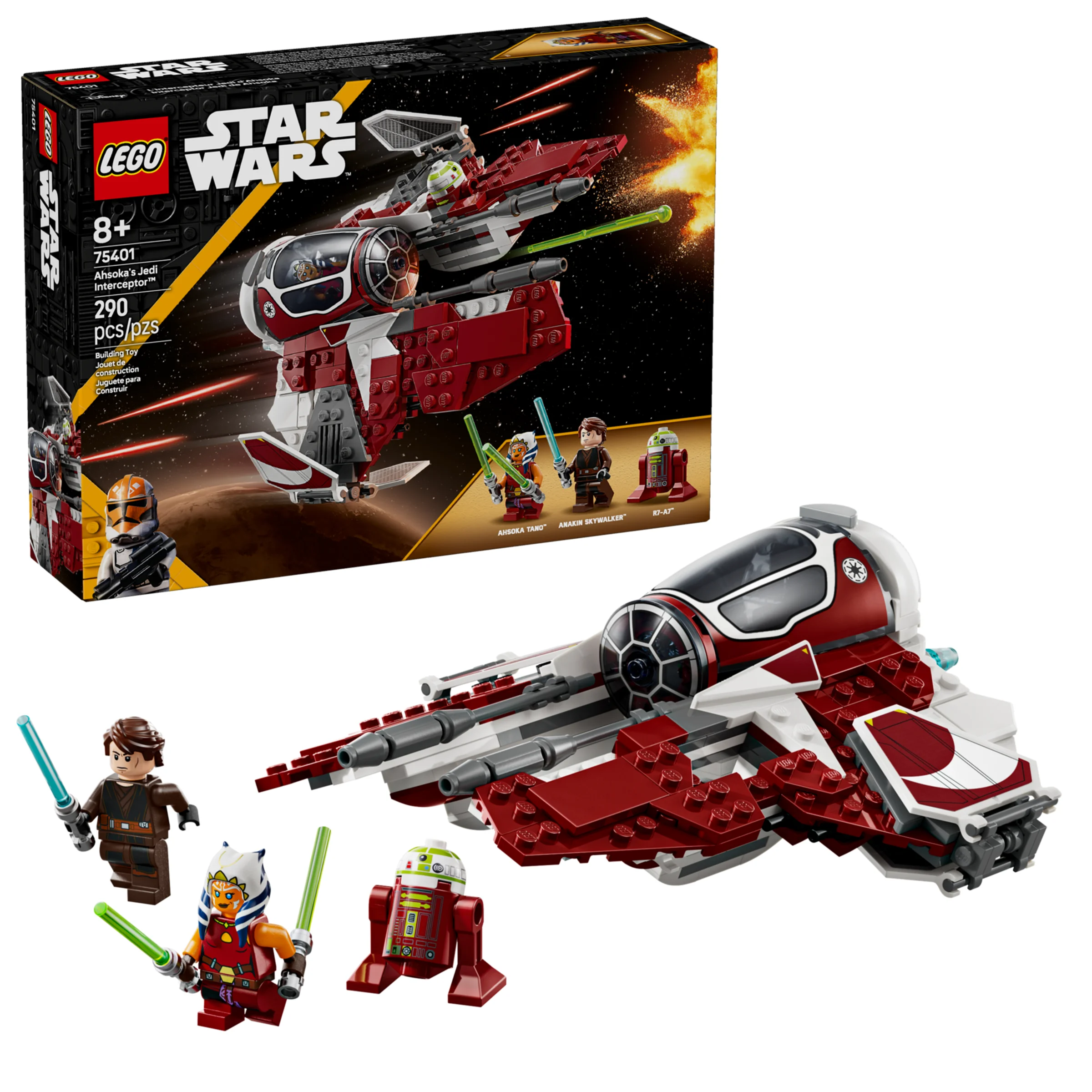 Imagine cu setul LEGO 75401, Interceptorul Jedi al lui Ahsoka, cu minifigurine și cutia.