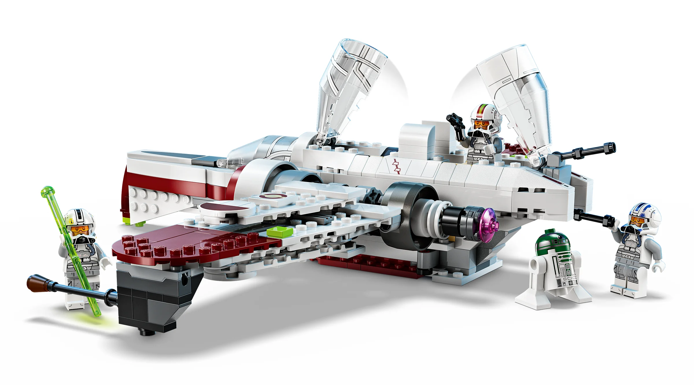 Imagine cu ARC-170 Starfighter și minifigurinele incluse. Aspectul detaliat al navetei este vizibil.