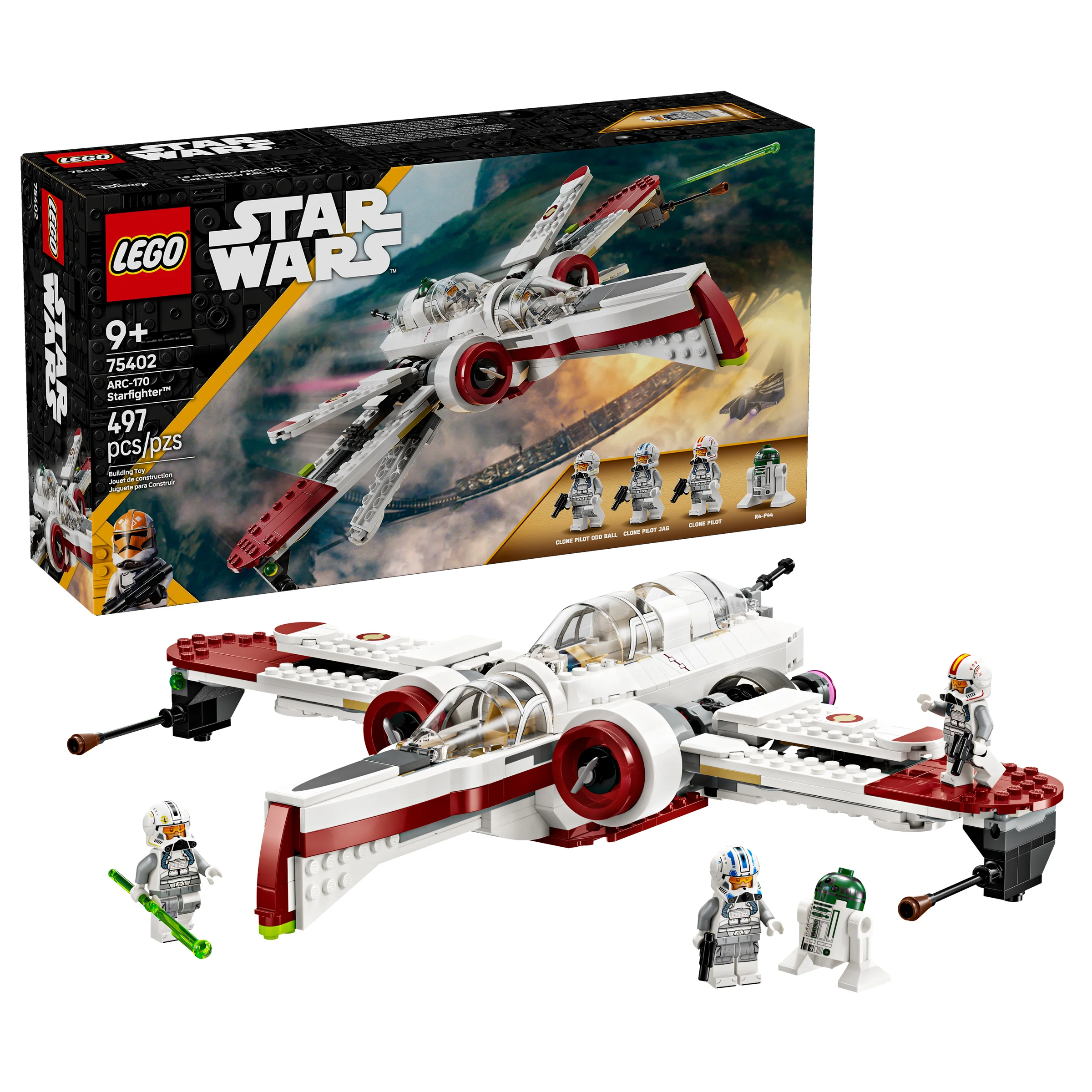 Imagine cu setul LEGO 75402 ARC-170 Starfighter, include cutia, nava și minifigurinele.