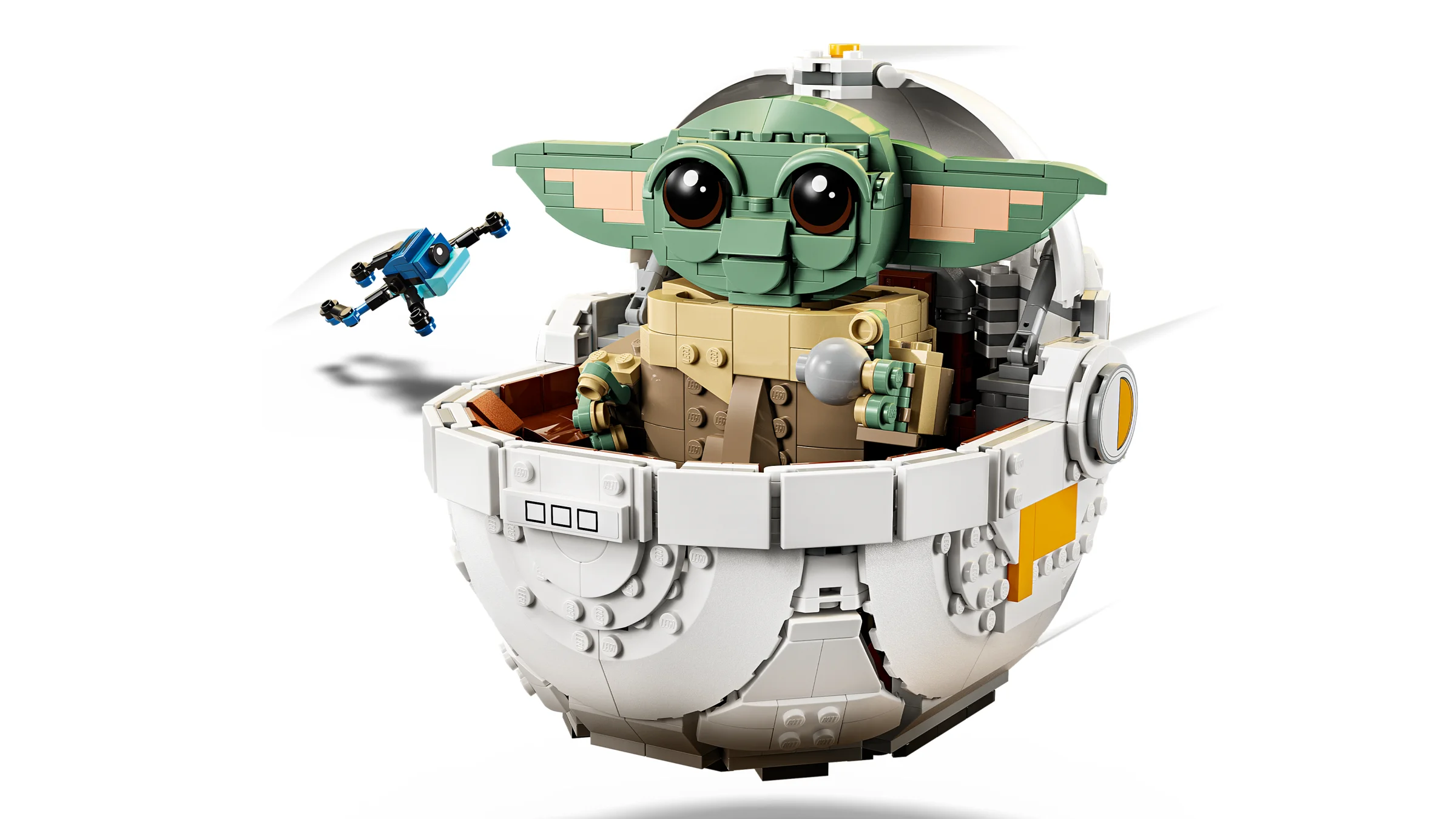 Imagine detaliată cu Grogu în Hover Pram, realizat din LEGO. Un model atractiv, perfect pentru fani.