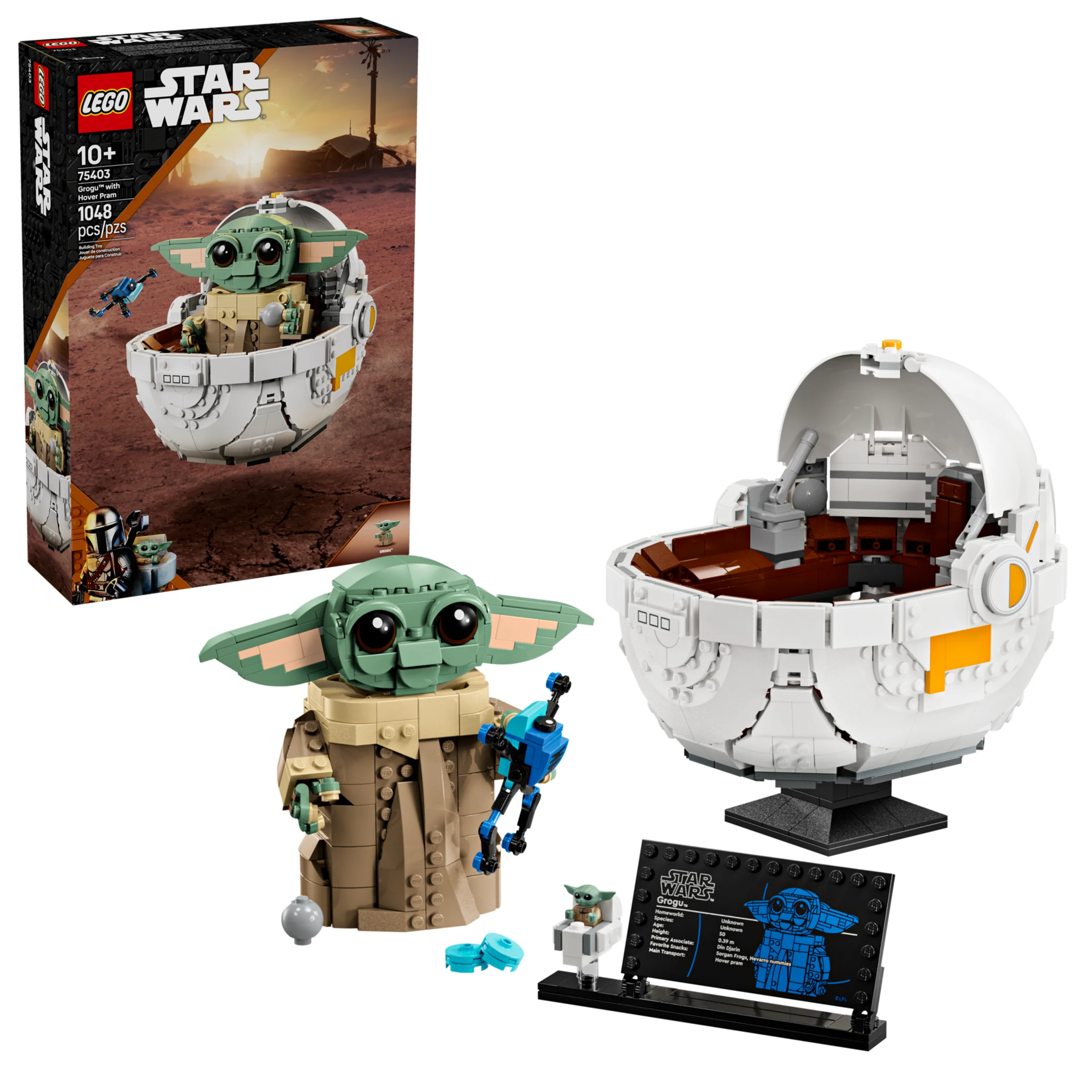 Imagine detaliată a setului LEGO 75403 Grogu cu Hover Pram, ideală pentru prezentare.