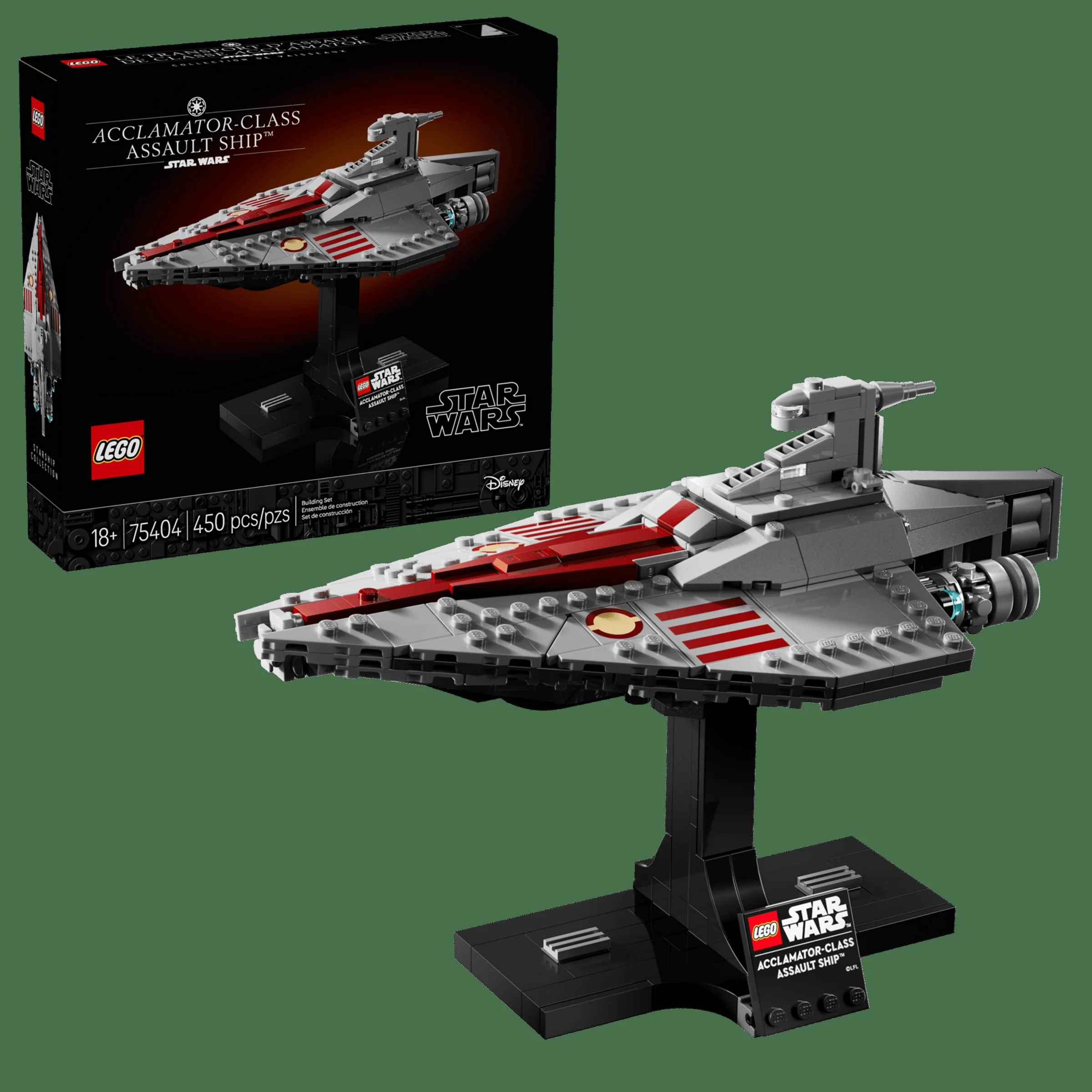 Imagine cu nava Acclamator-class Assault Ship (75404) expusă, împreună cu cutia produsului.