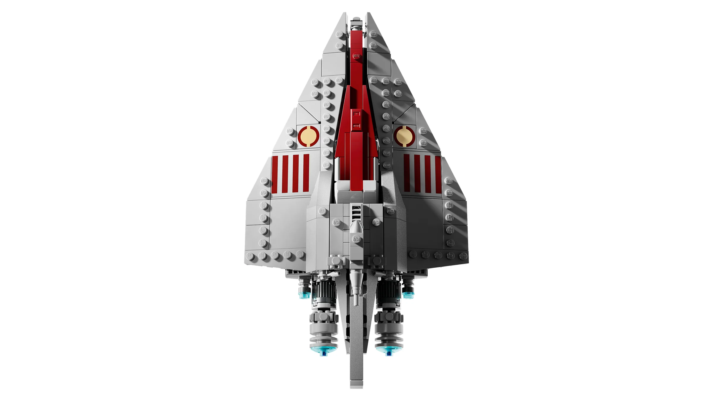 Navă spațială Acclamator din LEGO Star Wars, vedere frontală, detalii roșii.