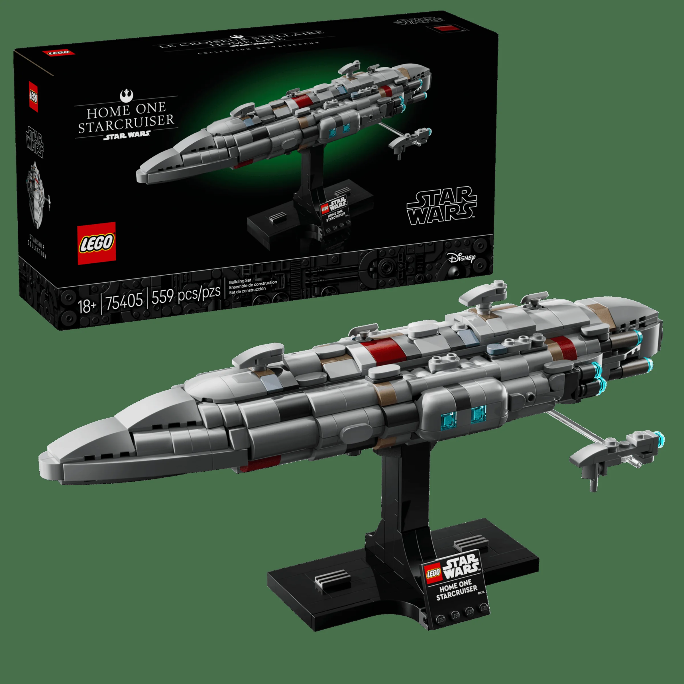 Imagine cu setul LEGO Star Wars 75405 Home One Starcruiser, modelul finalizat și cutia produsului.