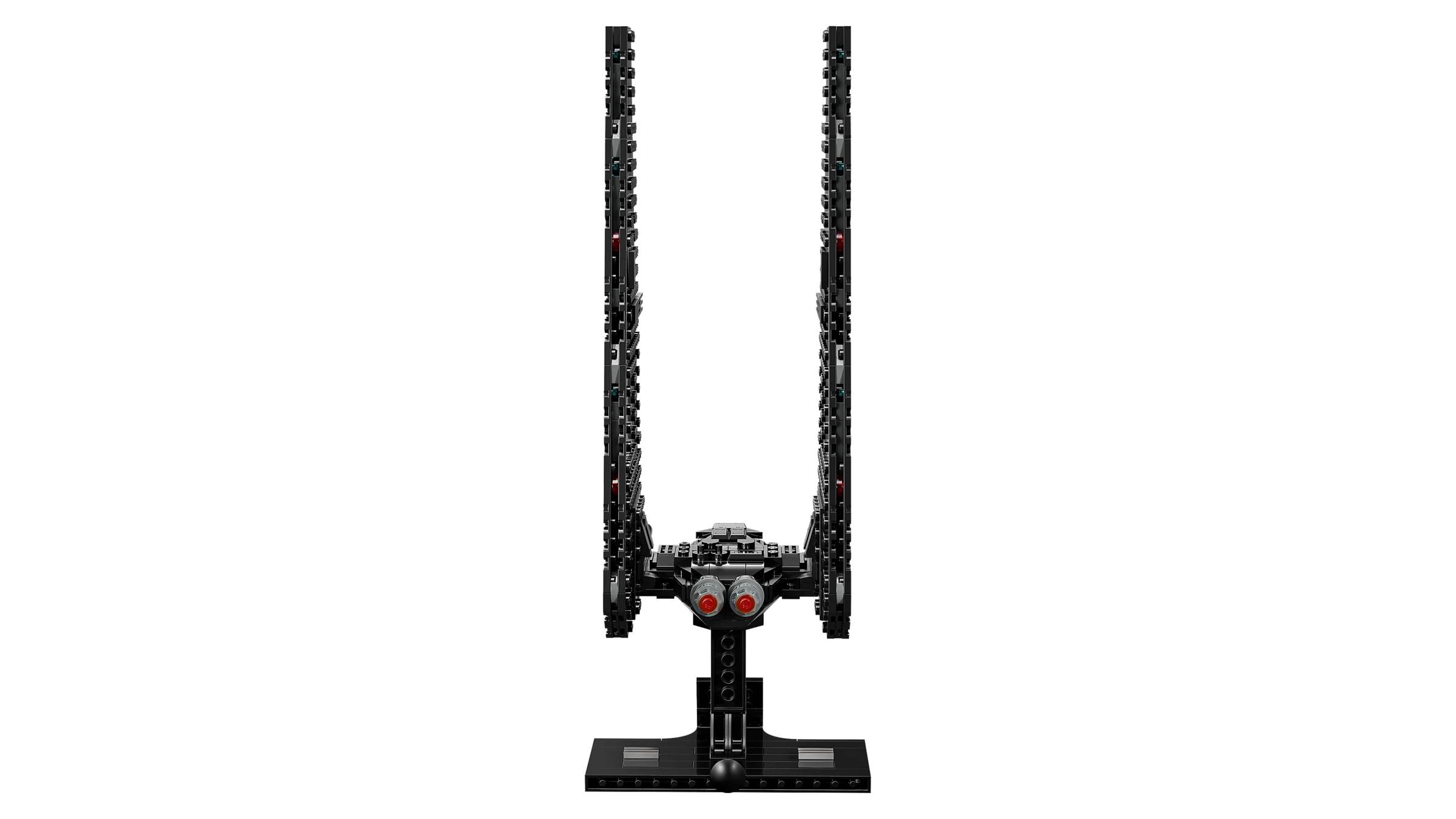 Navă spațială Kylo Ren, pe stativ. Imagine din față. Aripile verticale sunt vizibile.