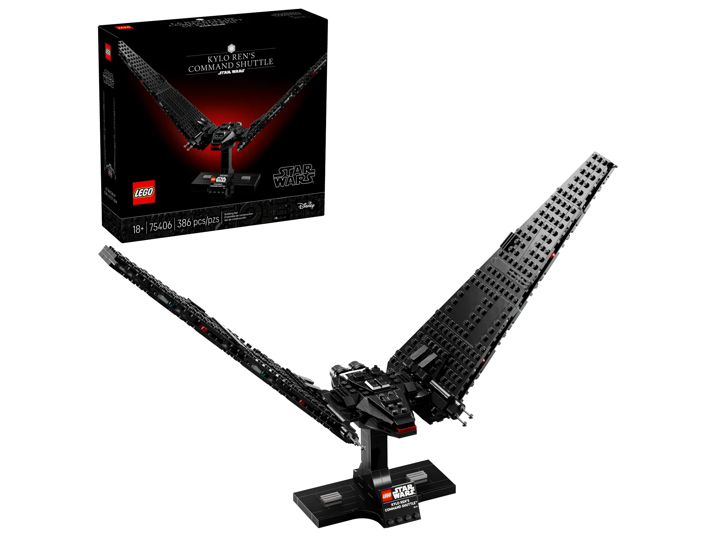 Imagine cu naveta lui Kylo Ren, set LEGO 75406, alături de cutia produsului. Design întunecat, elegant.