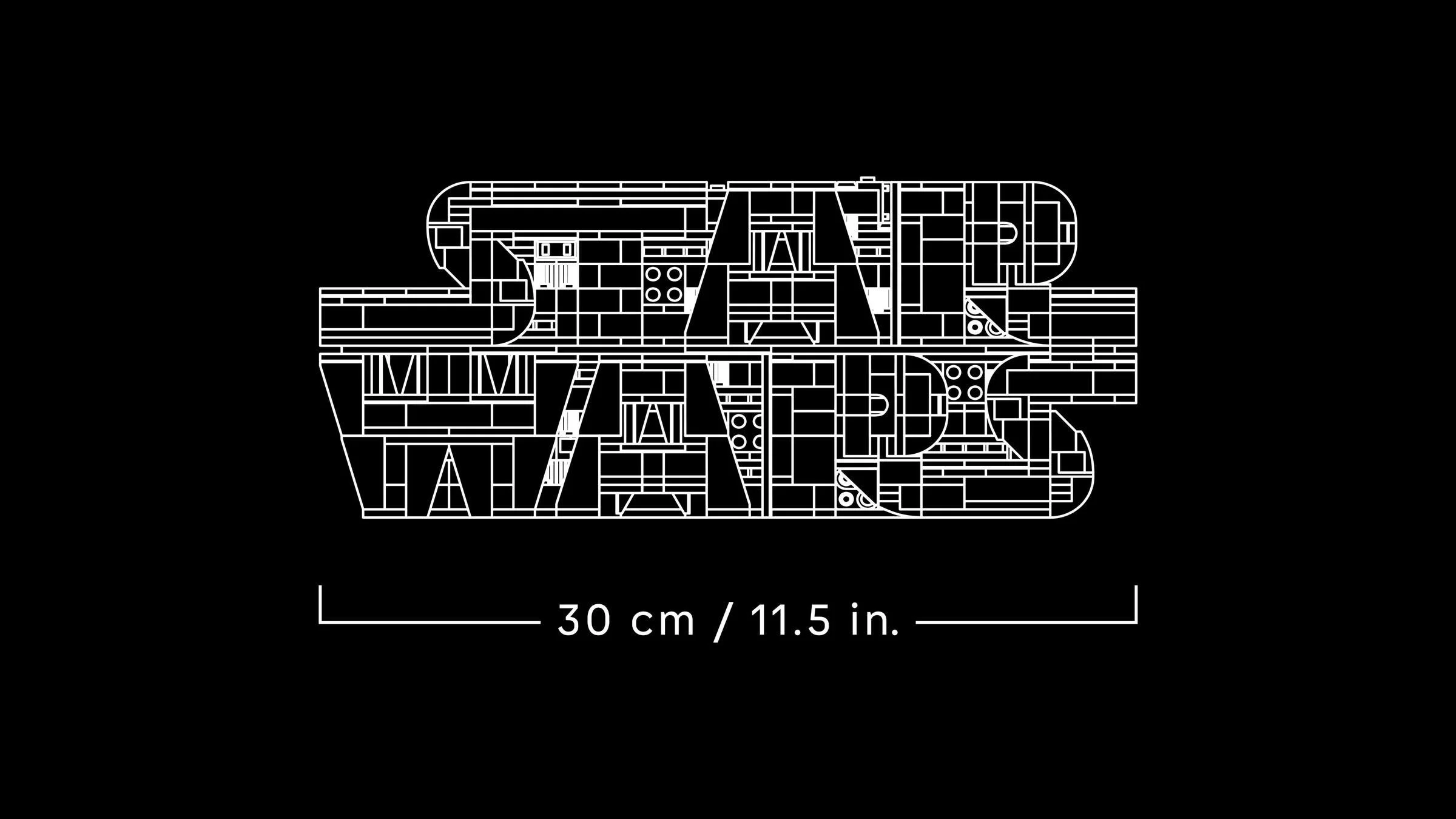 Imagine alb-negru cu logo-ul Star Wars construit din cărămizi LEGO, cu dimensiunea de 30 cm.