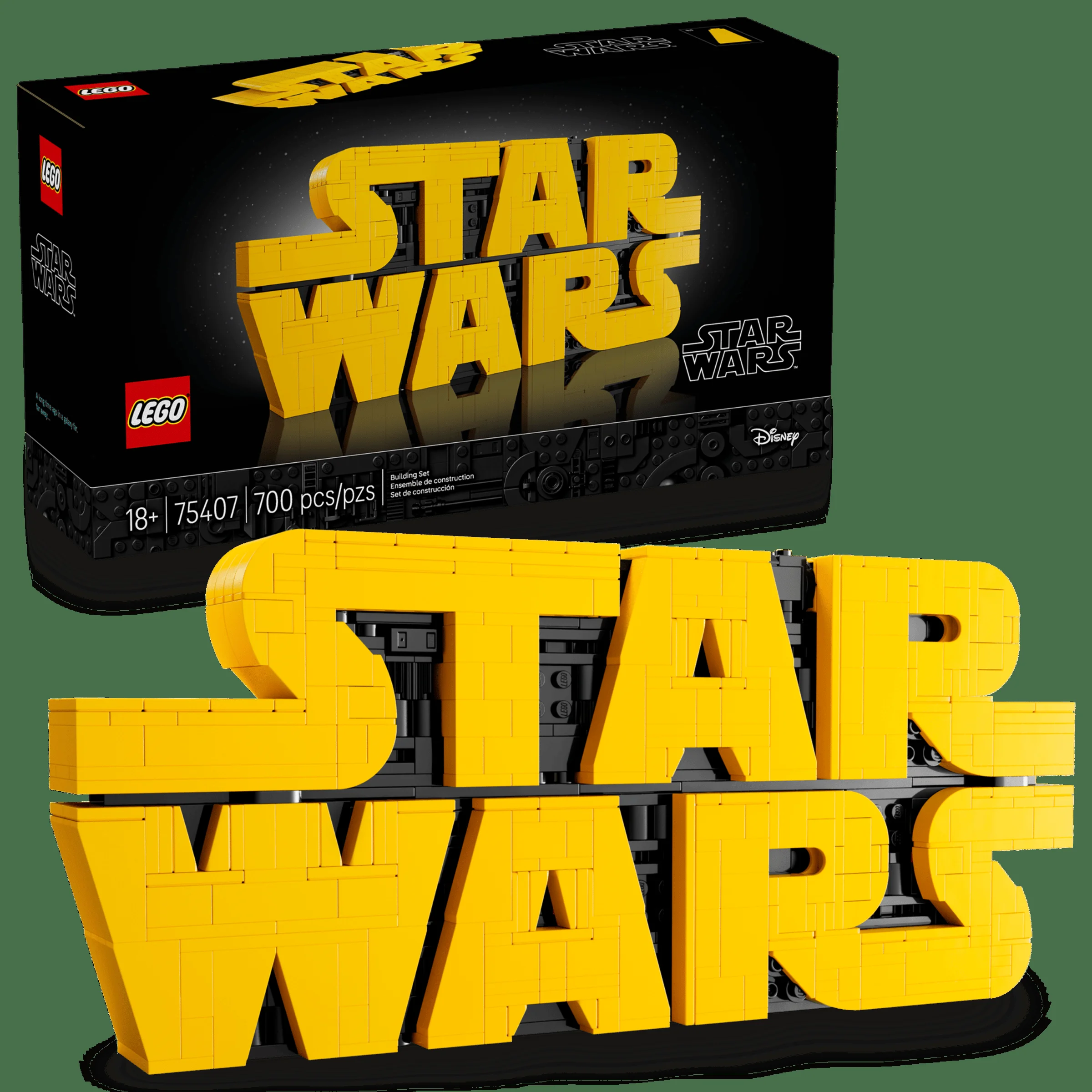 Imagine cu cutia și modelul finalizat LEGO Star Wars 75407. Siglă galbenă Star Wars construită din cărămizi.