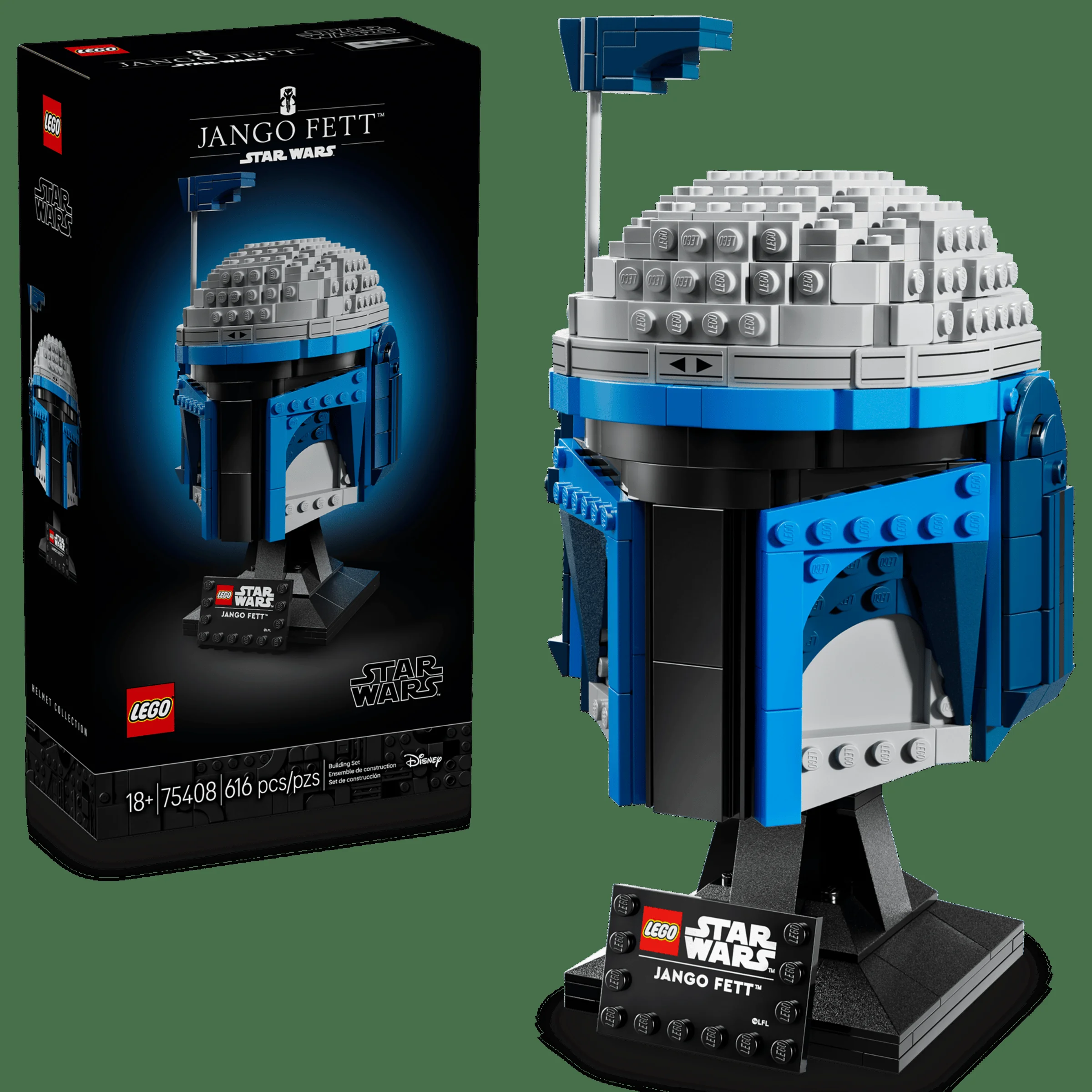 Imagine cu casca Jango Fett (75408) și cutia, prezentând detaliile construcției LEGO.