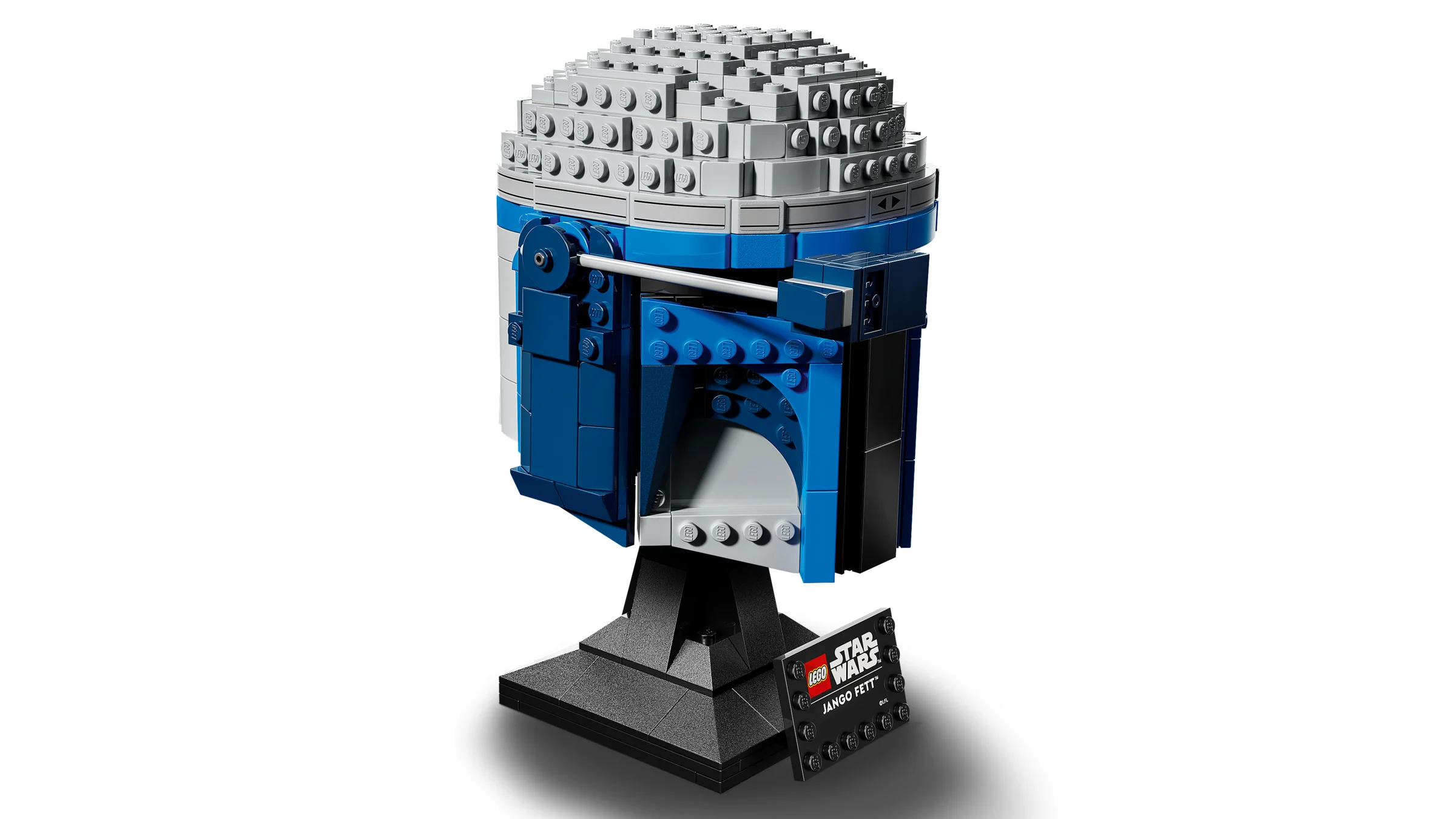 Casca Jango Fett LEGO Star Wars. Detalii albastre și gri. Aspect detaliat al modelului.