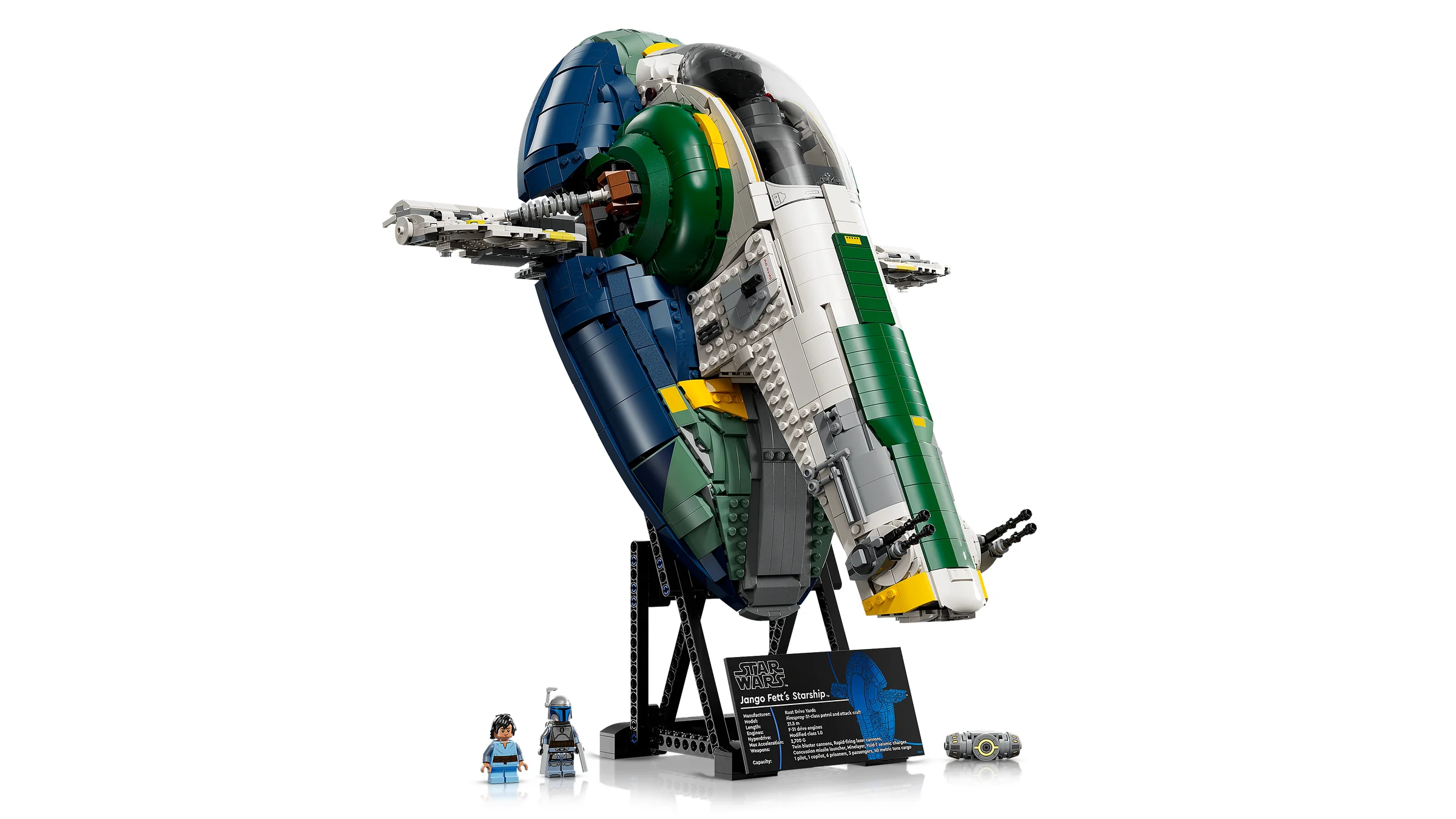 Imagine cu nava Slave I a lui Jango Fett, cu minifigurinele incluse și suportul de prezentare.