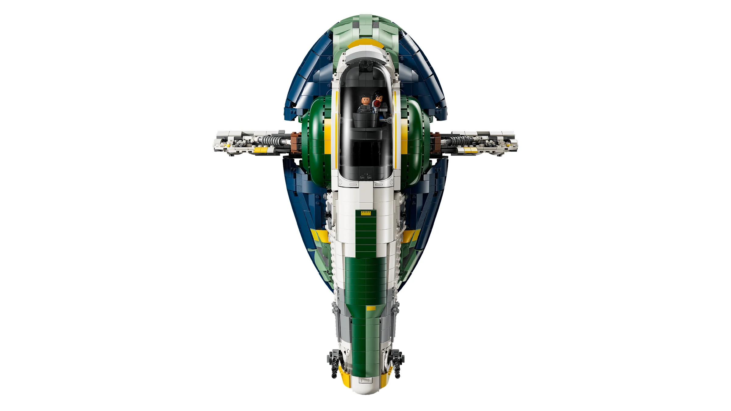 Imagine de sus a navei Slave I a lui Jango Fett, detaliată și colorată. Modelul arată impresionant.