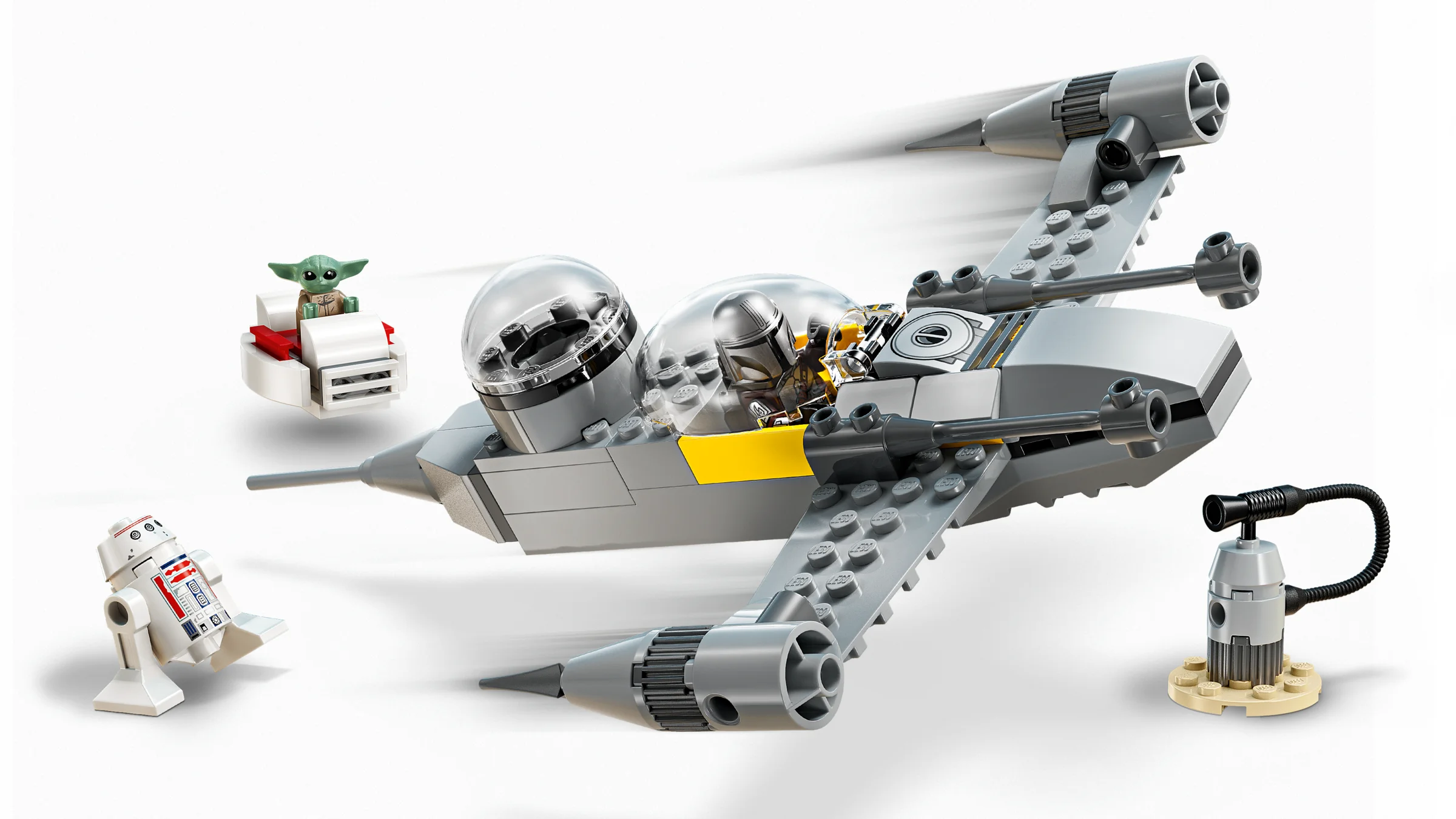 O imagine cu modelul N-1 Starfighter și minifigurinele Mando, Grogu și BD Droid.