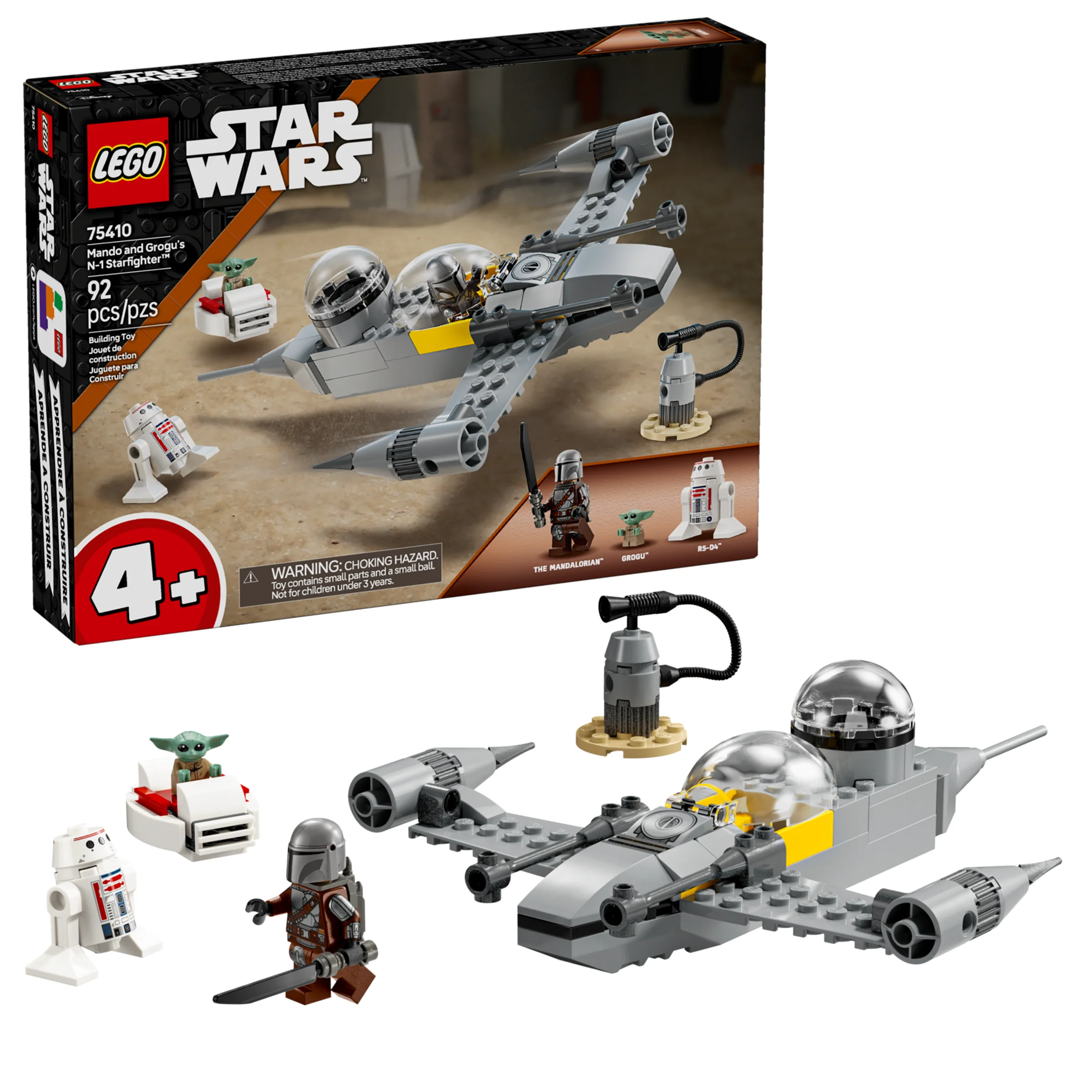Imagine cu setul LEGO 75410, Starfighter-ul N-1 al lui Mando și Grogu. Include cutia, minifigurine și nava.